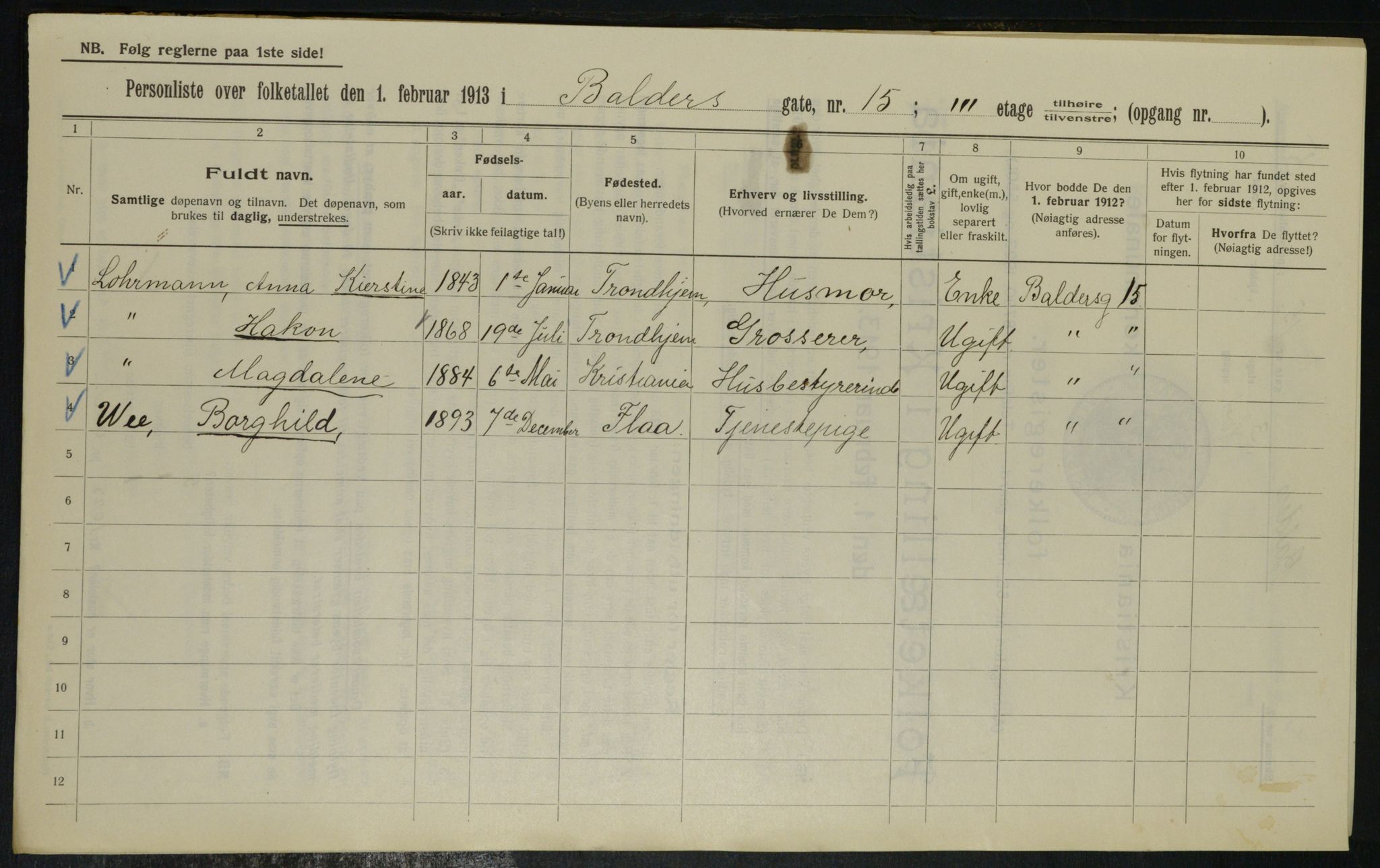 OBA, Municipal Census 1913 for Kristiania, 1913, p. 3184