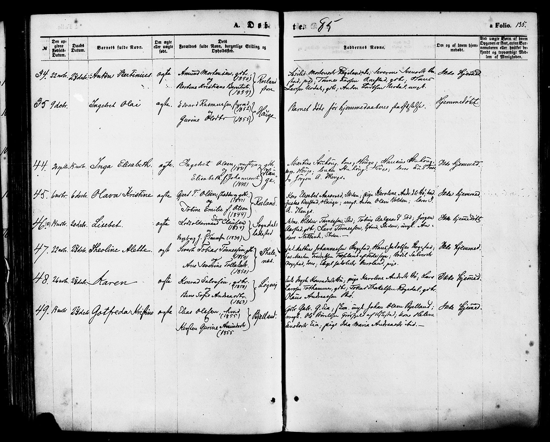 Sokndal sokneprestkontor, SAST/A-101808: Parish register (official) no. A 10, 1874-1886, p. 135