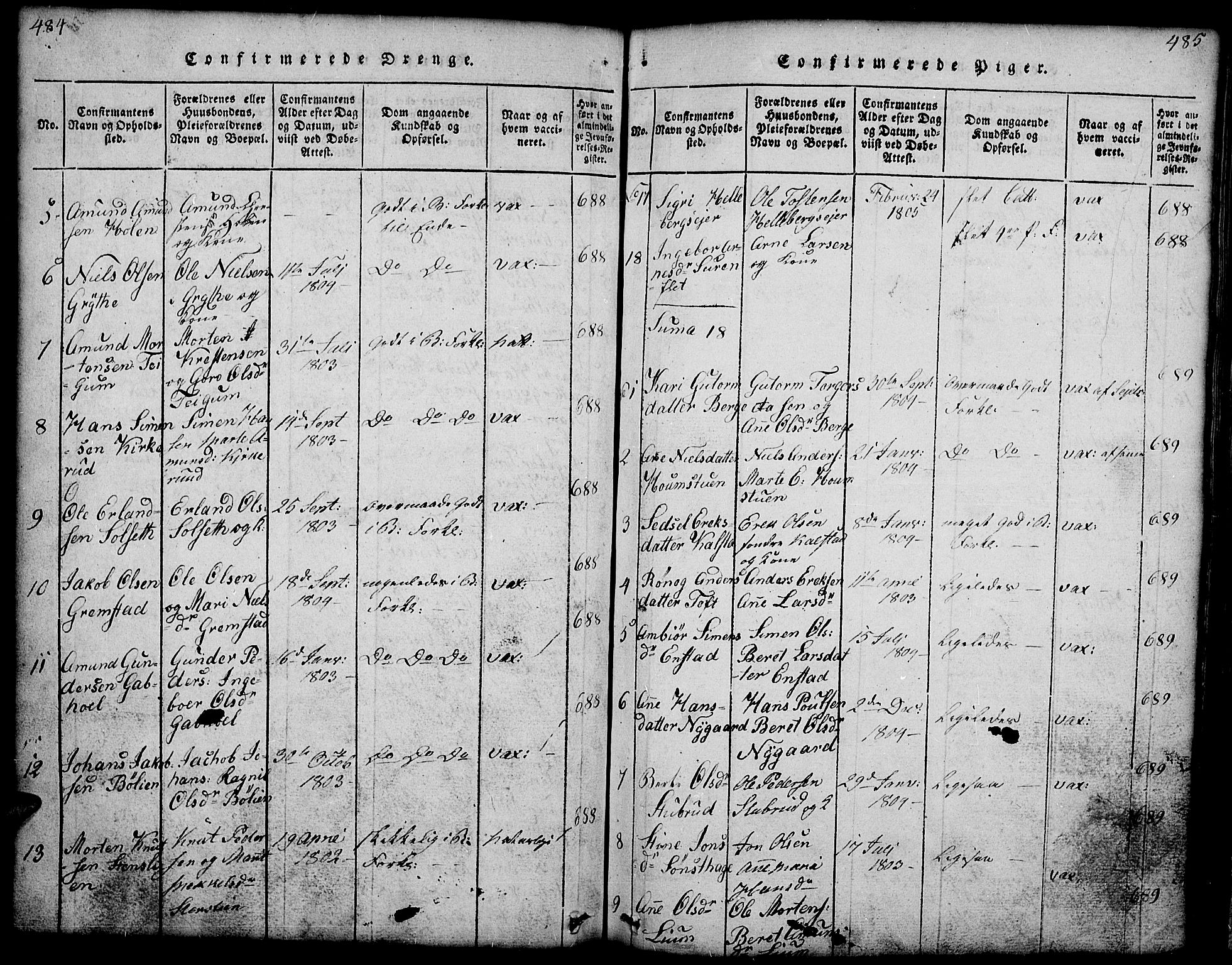 Gausdal prestekontor, AV/SAH-PREST-090/H/Ha/Hab/L0001: Parish register (copy) no. 1, 1817-1848, p. 484-485