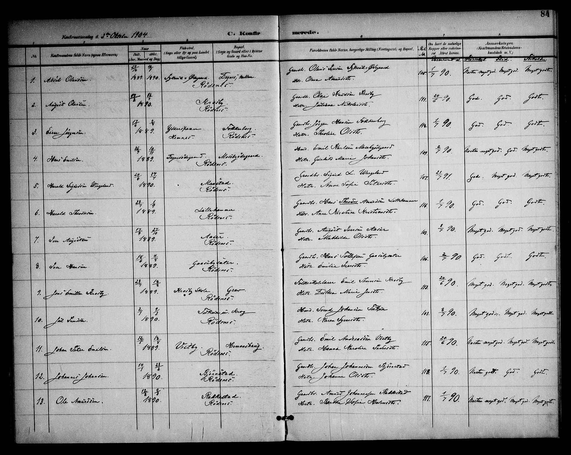 Rødenes prestekontor Kirkebøker, AV/SAO-A-2005/F/Fa/L0011: Parish register (official) no. I 11, 1901-1910, p. 84