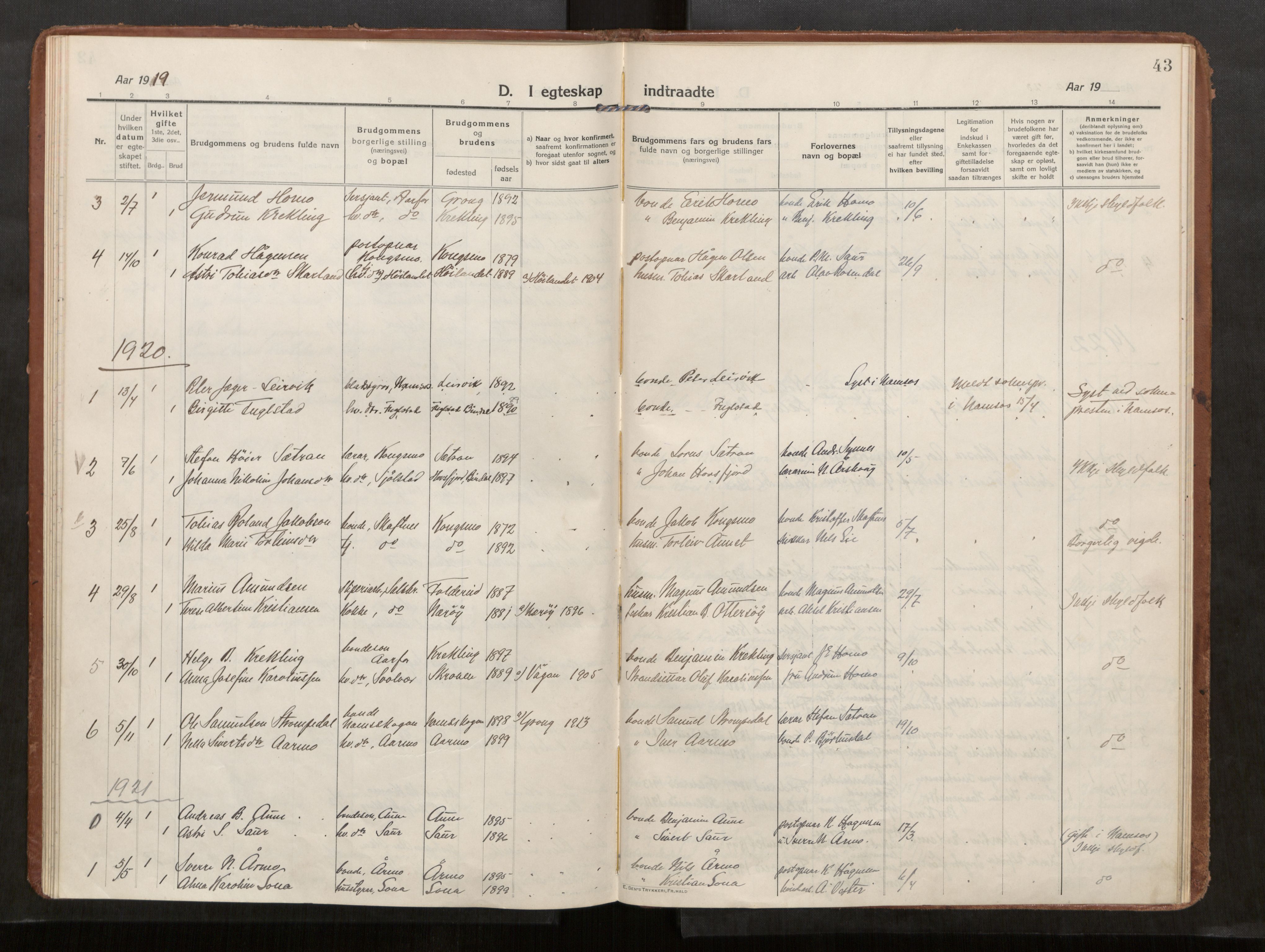 Kolvereid sokneprestkontor, SAT/A-1171/H/Ha/Haa/L0002: Parish register (official) no. 2, 1914-1926, p. 43