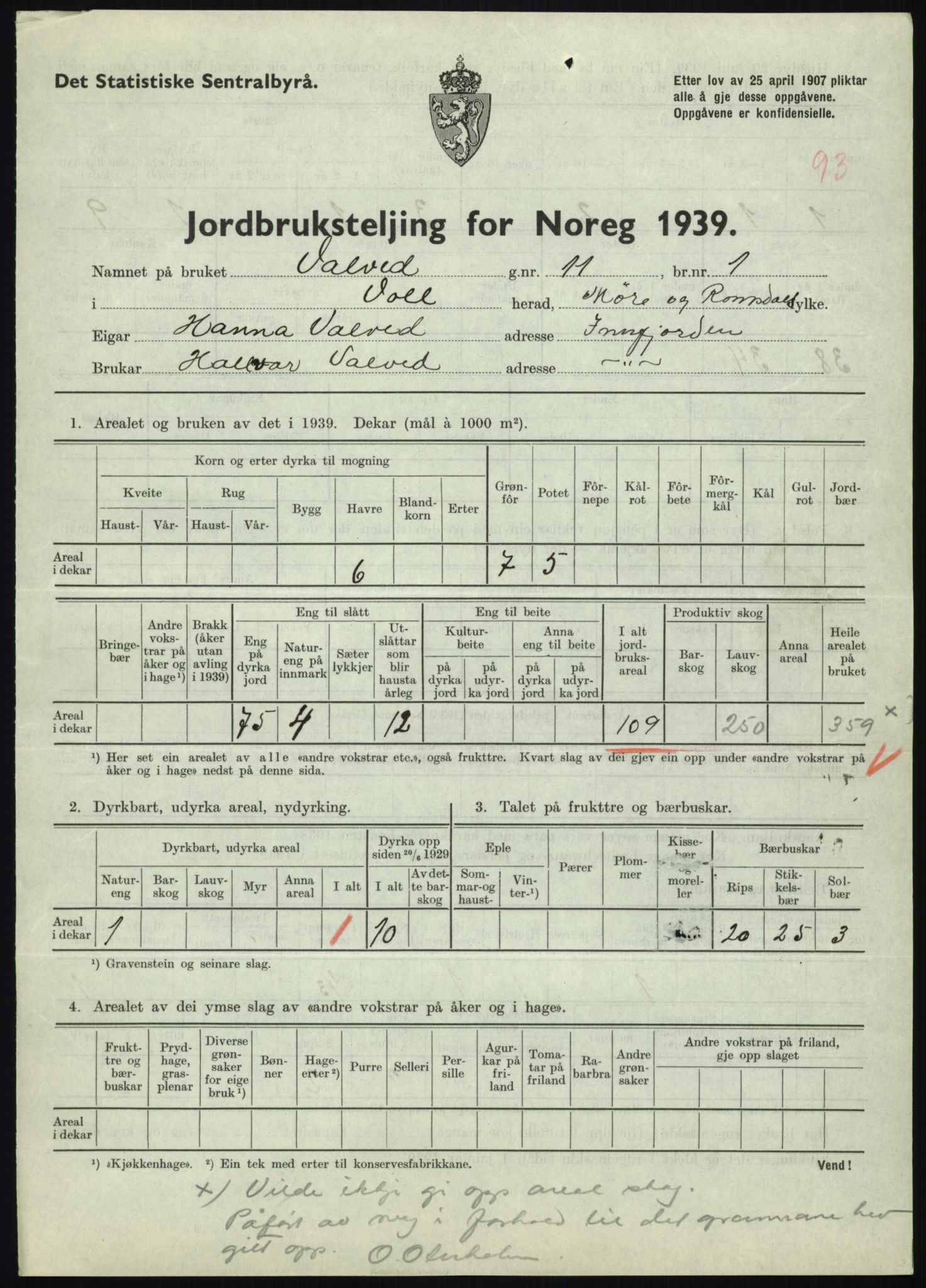 Statistisk sentralbyrå, Næringsøkonomiske emner, Jordbruk, skogbruk, jakt, fiske og fangst, AV/RA-S-2234/G/Gb/L0251: Møre og Romsdal: Voll, Eid, Grytten og Hen, 1939, p. 347