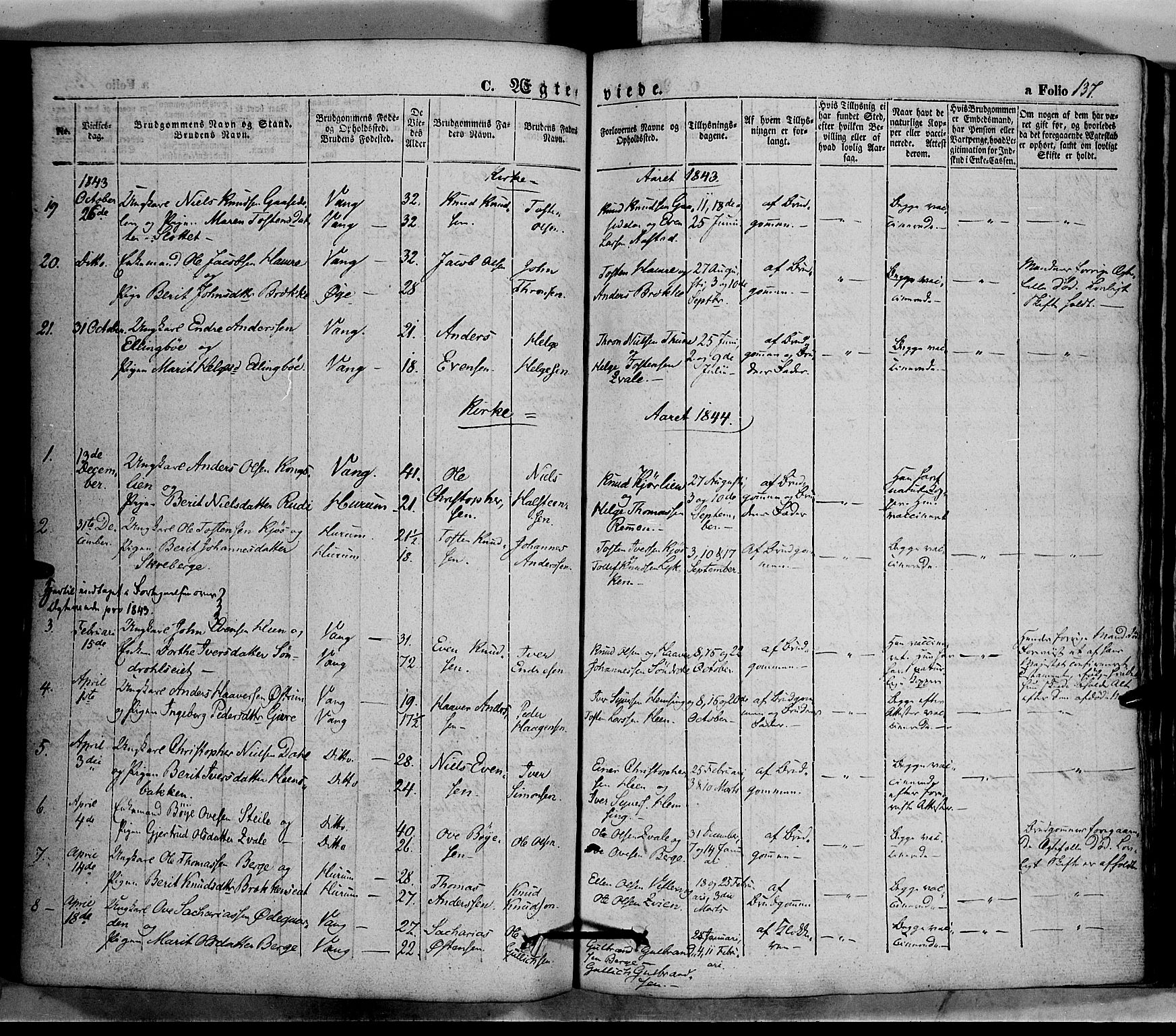 Vang prestekontor, Valdres, SAH/PREST-140/H/Ha/L0005: Parish register (official) no. 5, 1831-1845, p. 137