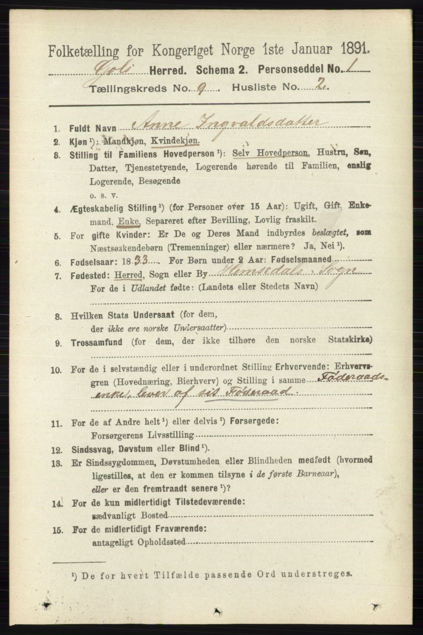 RA, 1891 census for 0617 Gol og Hemsedal, 1891, p. 3404