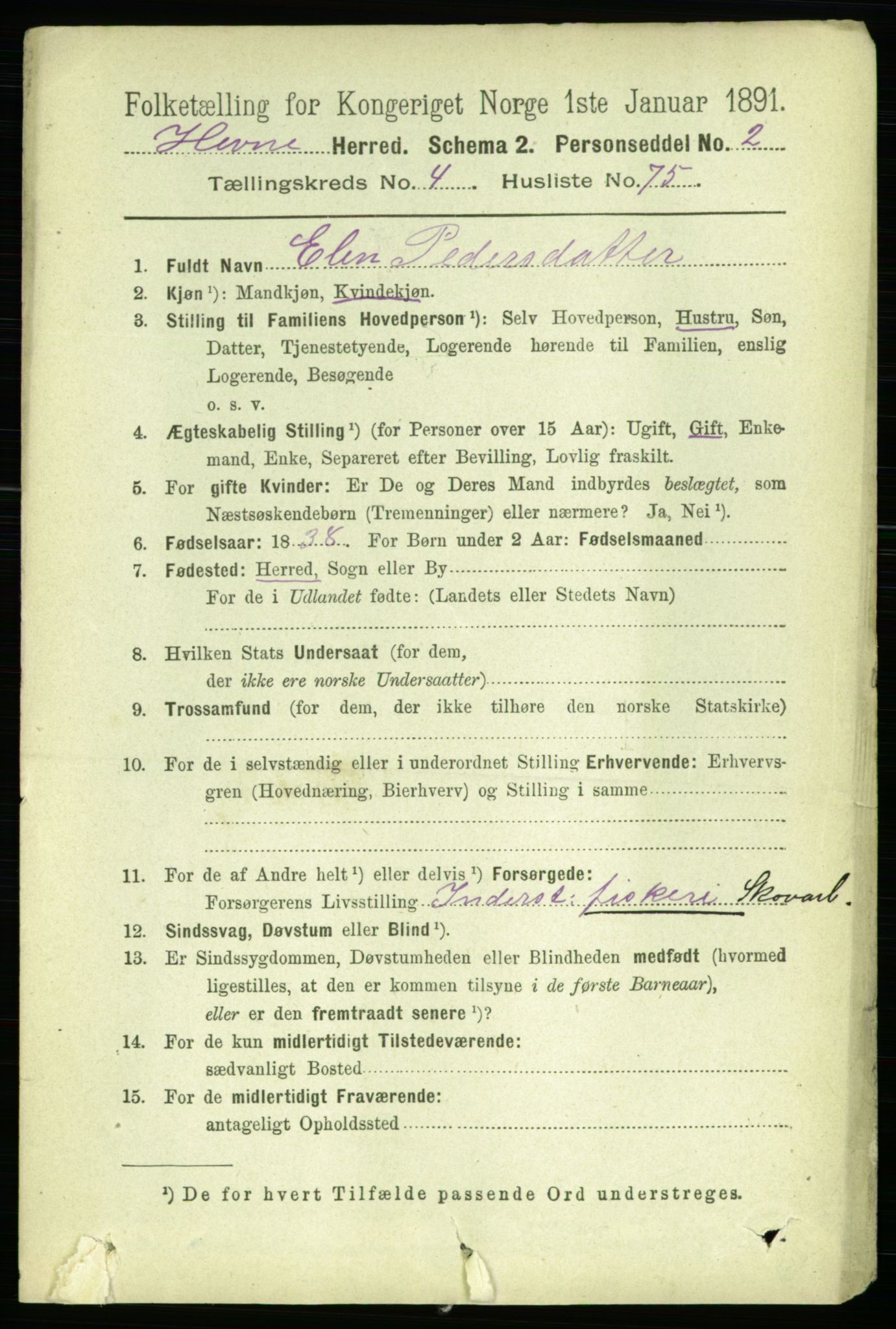 RA, 1891 census for 1612 Hemne, 1891, p. 2342