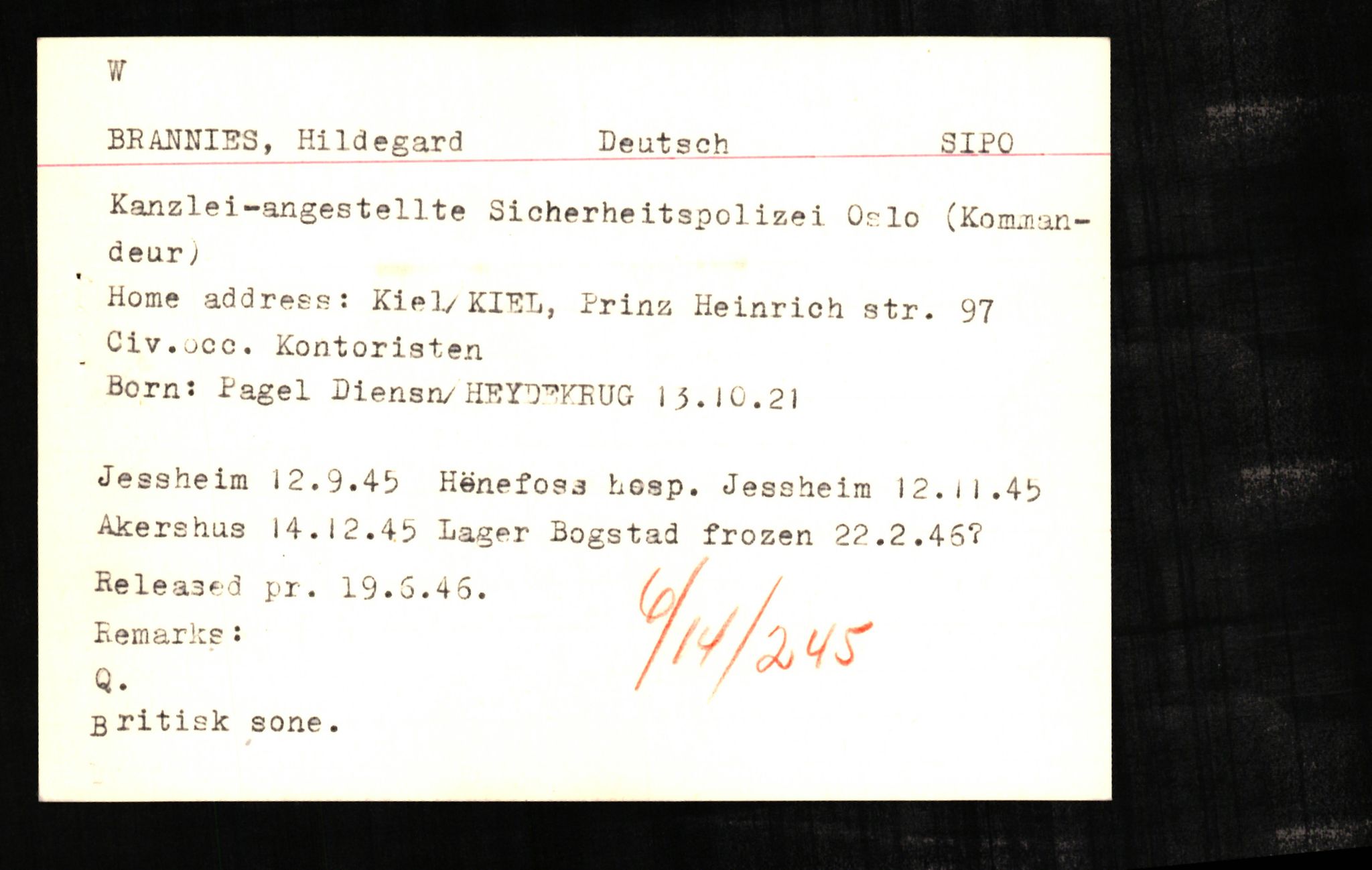 Forsvaret, Forsvarets overkommando II, RA/RAFA-3915/D/Db/L0004: CI Questionaires. Tyske okkupasjonsstyrker i Norge. Tyskere., 1945-1946, p. 75