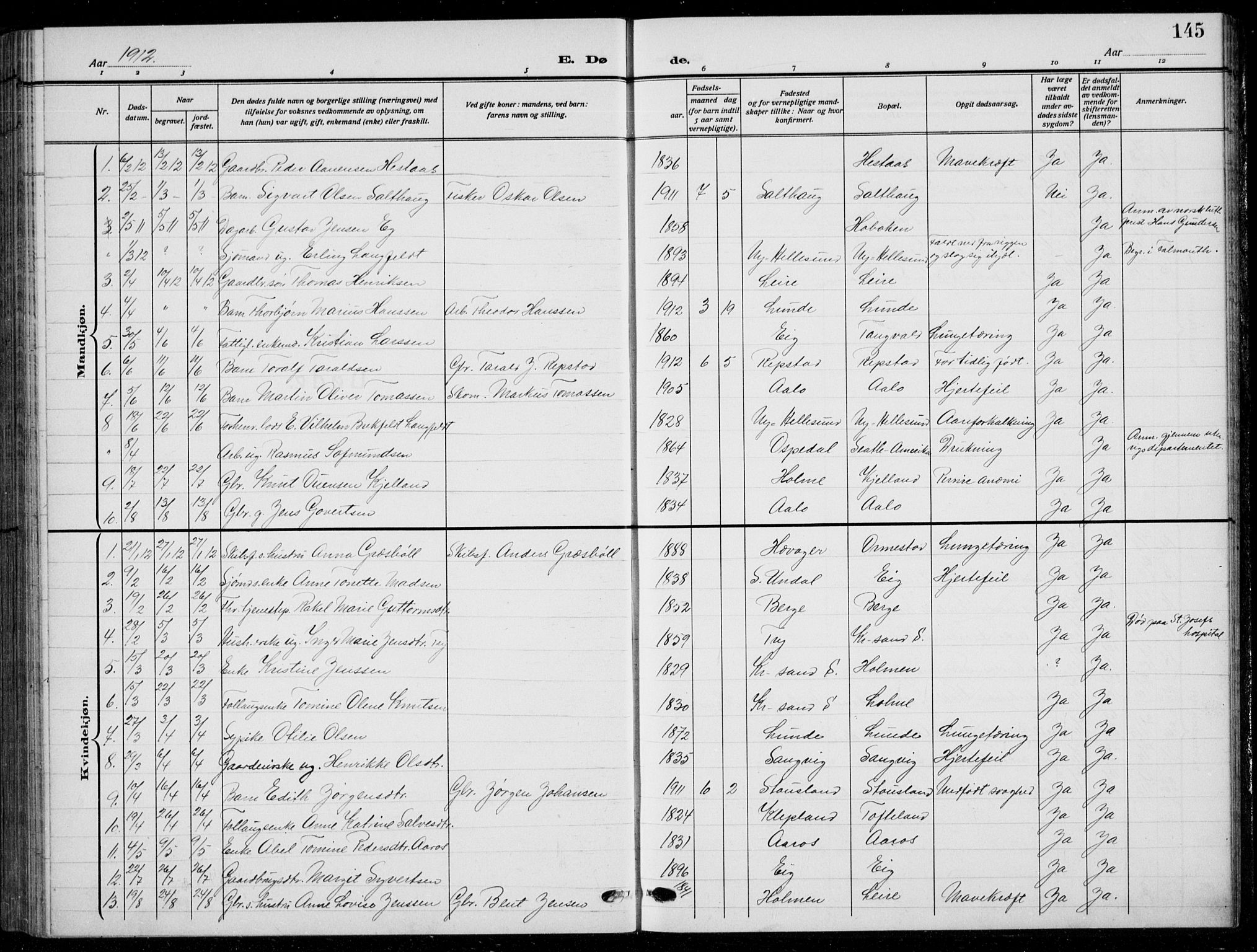 Søgne sokneprestkontor, SAK/1111-0037/F/Fb/Fbb/L0007: Parish register (copy) no. B 7, 1912-1931, p. 145
