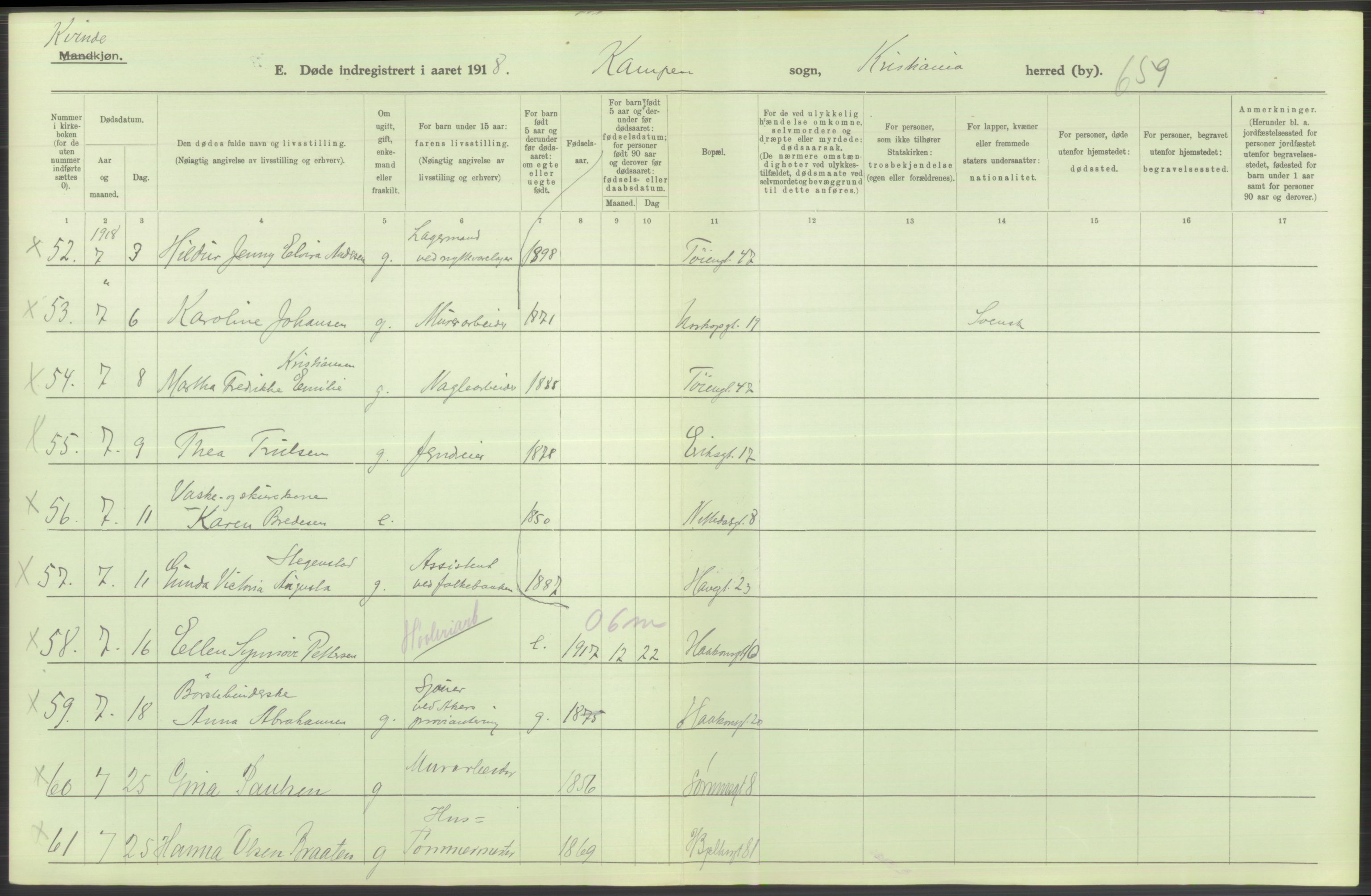 Statistisk sentralbyrå, Sosiodemografiske emner, Befolkning, AV/RA-S-2228/D/Df/Dfb/Dfbh/L0011: Kristiania: Døde, dødfødte, 1918, p. 546