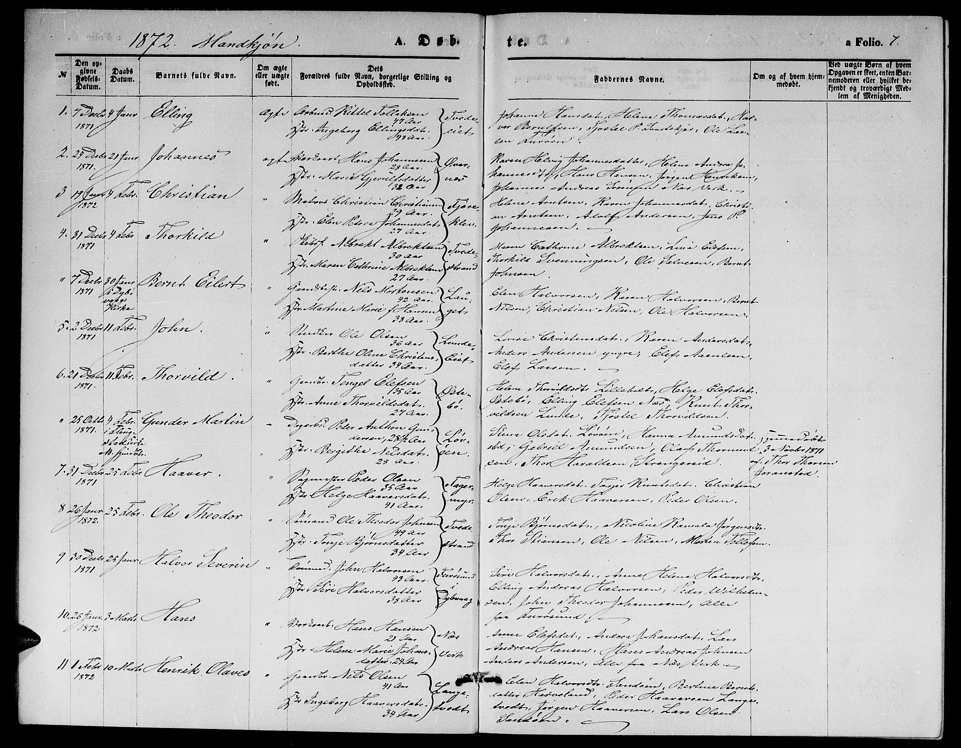 Holt sokneprestkontor, AV/SAK-1111-0021/F/Fb/L0009: Parish register (copy) no. B 9, 1871-1883, p. 7