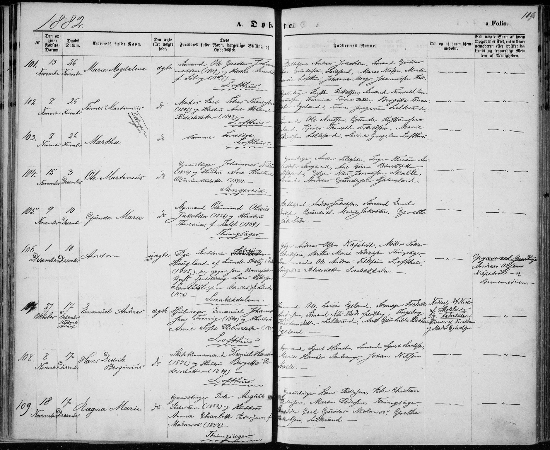 Vestre Moland sokneprestkontor, AV/SAK-1111-0046/F/Fa/Fab/L0008: Parish register (official) no. A 8, 1873-1883, p. 109