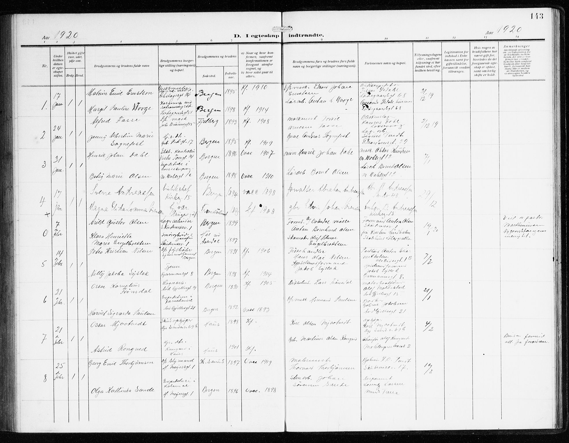 Sandviken Sokneprestembete, SAB/A-77601/H/Ha/L0015: Parish register (official) no. D 2, 1911-1923, p. 143