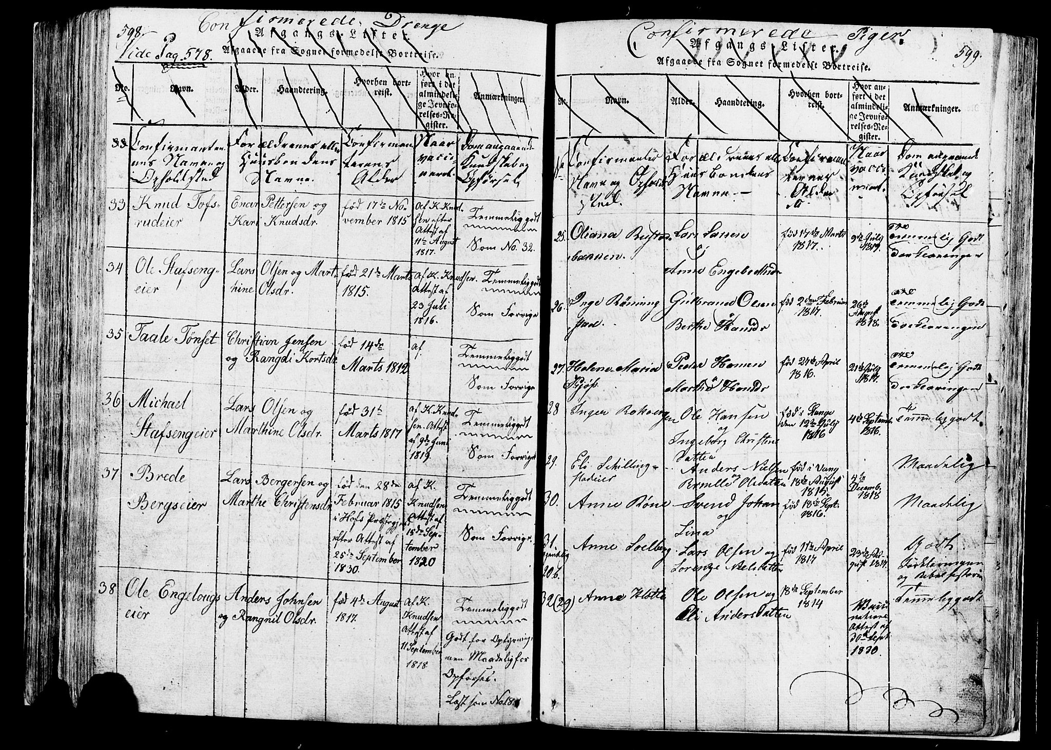 Løten prestekontor, SAH/PREST-022/K/Ka/L0005: Parish register (official) no. 5, 1814-1832, p. 598-599