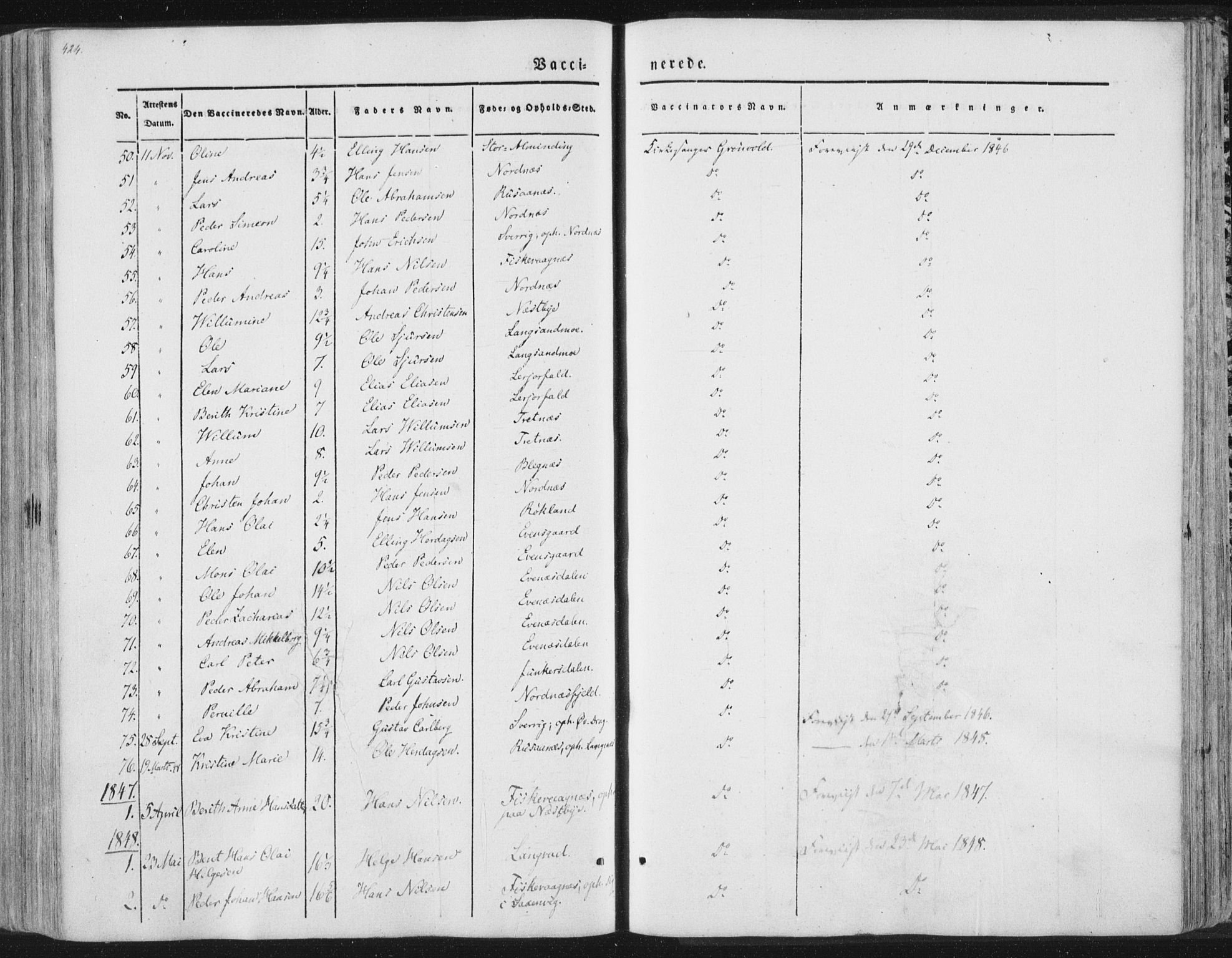 Ministerialprotokoller, klokkerbøker og fødselsregistre - Nordland, SAT/A-1459/847/L0667: Parish register (official) no. 847A07, 1842-1871, p. 424