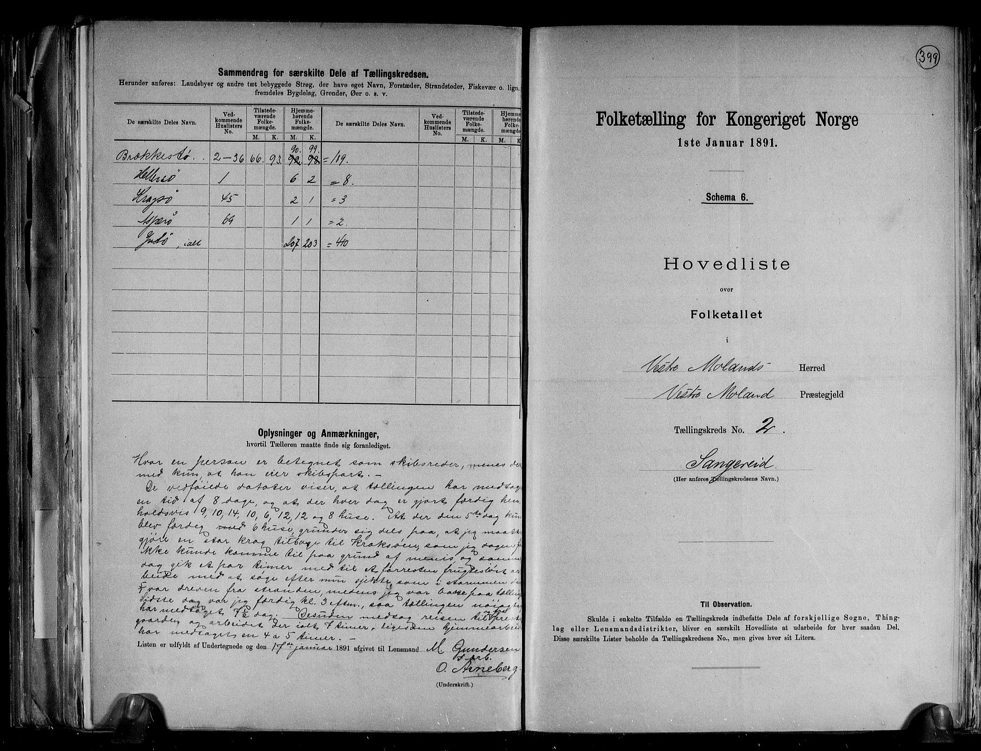RA, 1891 census for 0926 Vestre Moland, 1891, p. 8