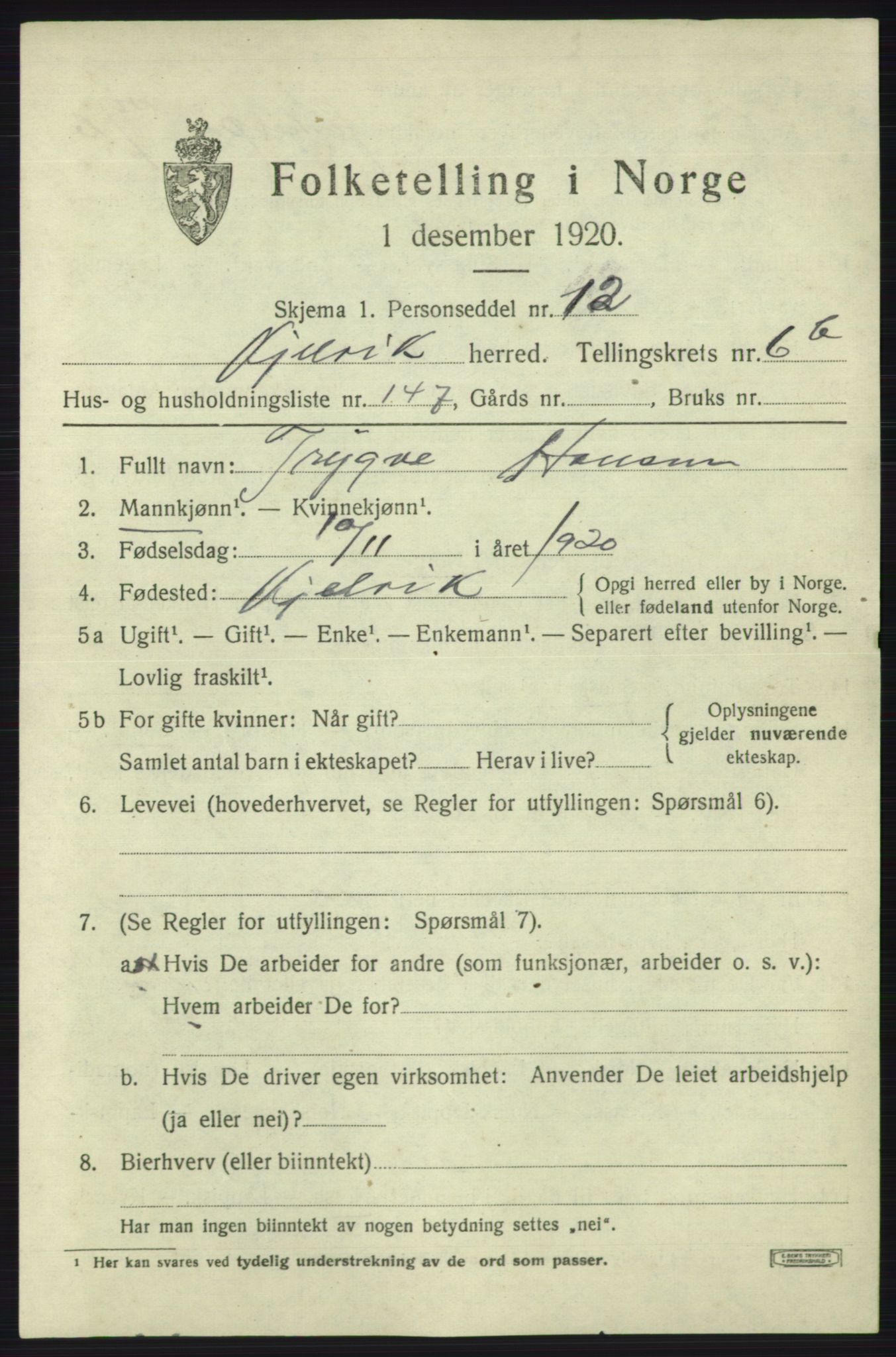 SATØ, 1920 census for Kjelvik, 1920, p. 5413