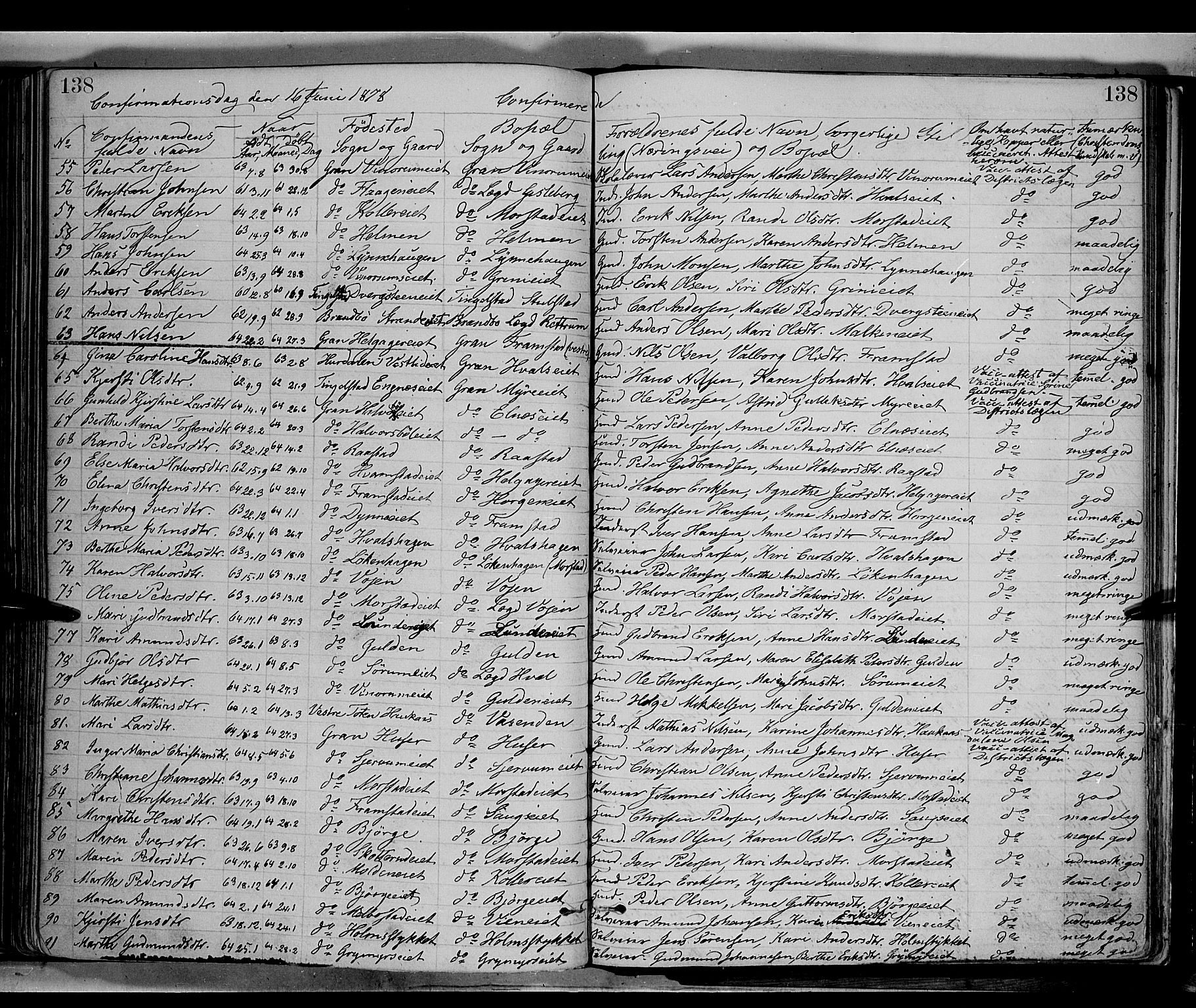 Gran prestekontor, SAH/PREST-112/H/Ha/Haa/L0013: Parish register (official) no. 13, 1875-1879, p. 138