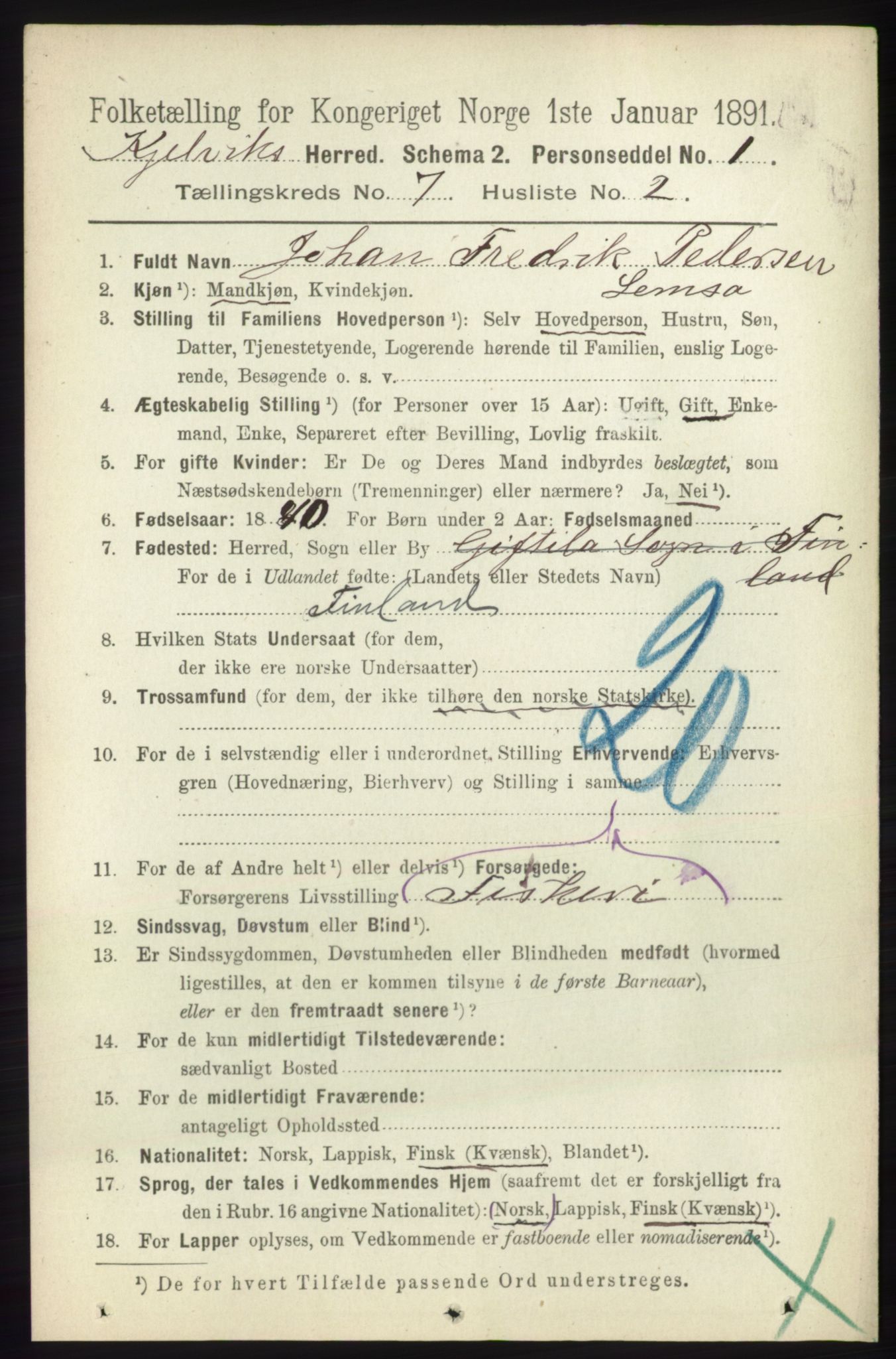 RA, 1891 census for 2019 Kjelvik, 1891, p. 890