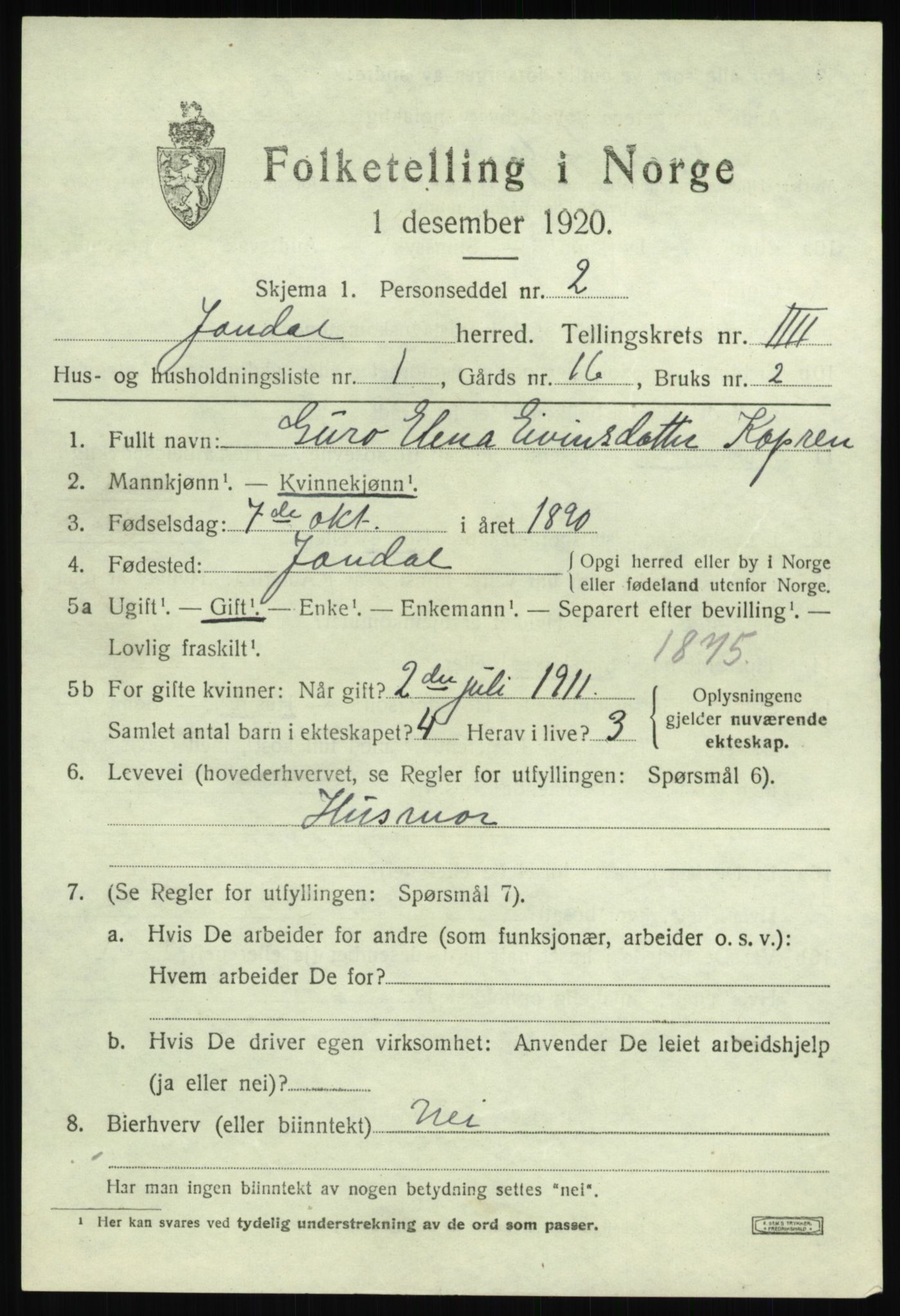 SAB, 1920 census for Jondal, 1920, p. 2210