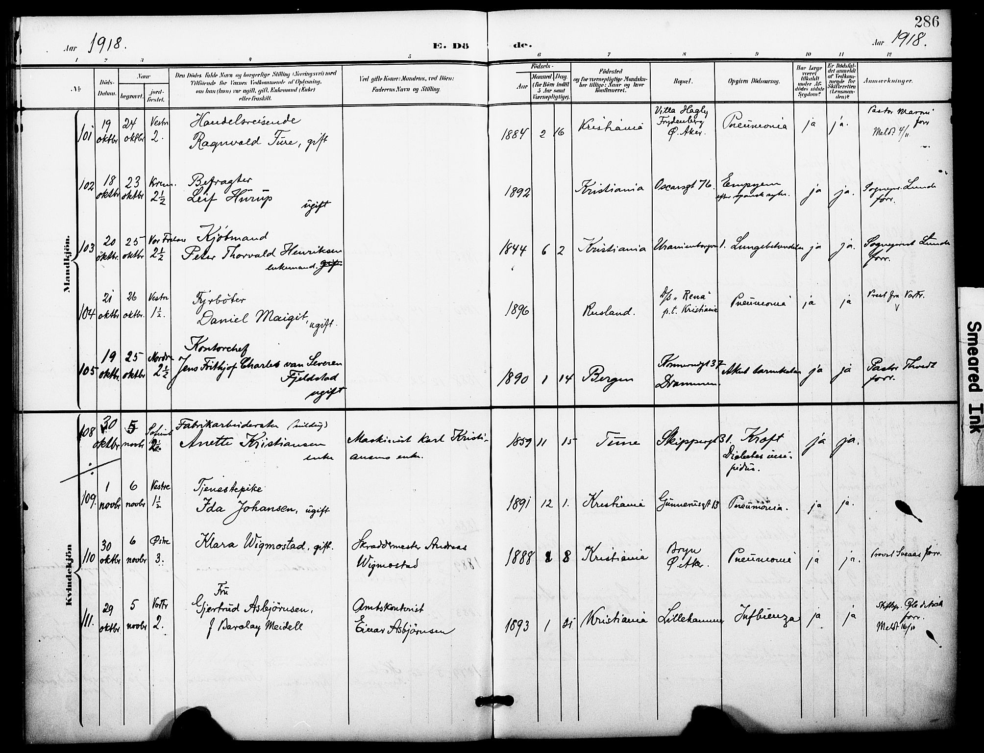 Oslo domkirke Kirkebøker, AV/SAO-A-10752/F/Fa/L0036: Parish register (official) no. 36, 1901-1919, p. 286