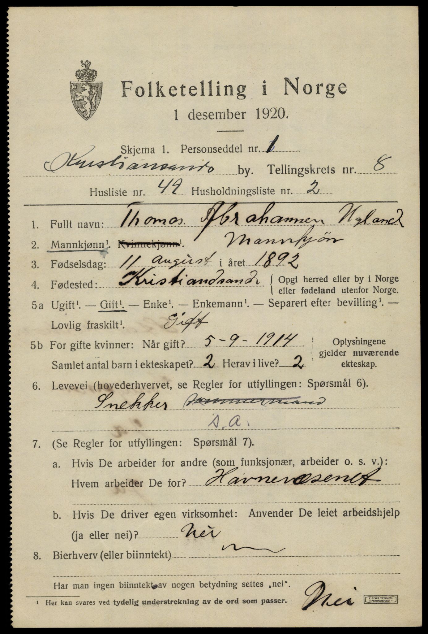 SAK, 1920 census for Kristiansand, 1920, p. 22009