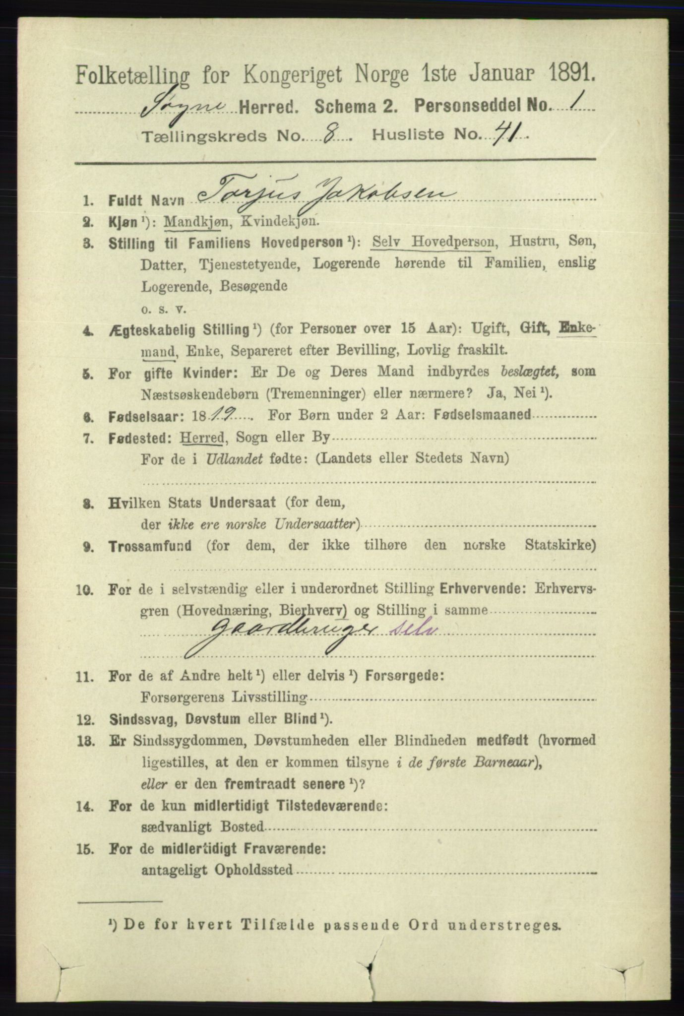 RA, 1891 census for 1018 Søgne, 1891, p. 2488