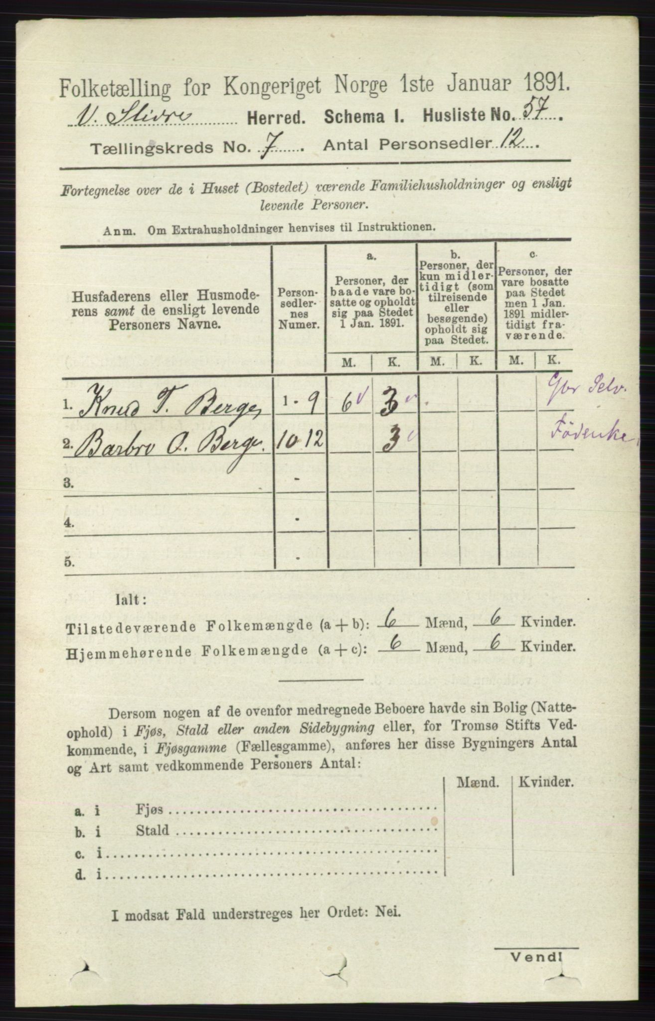 RA, 1891 census for 0543 Vestre Slidre, 1891, p. 2567