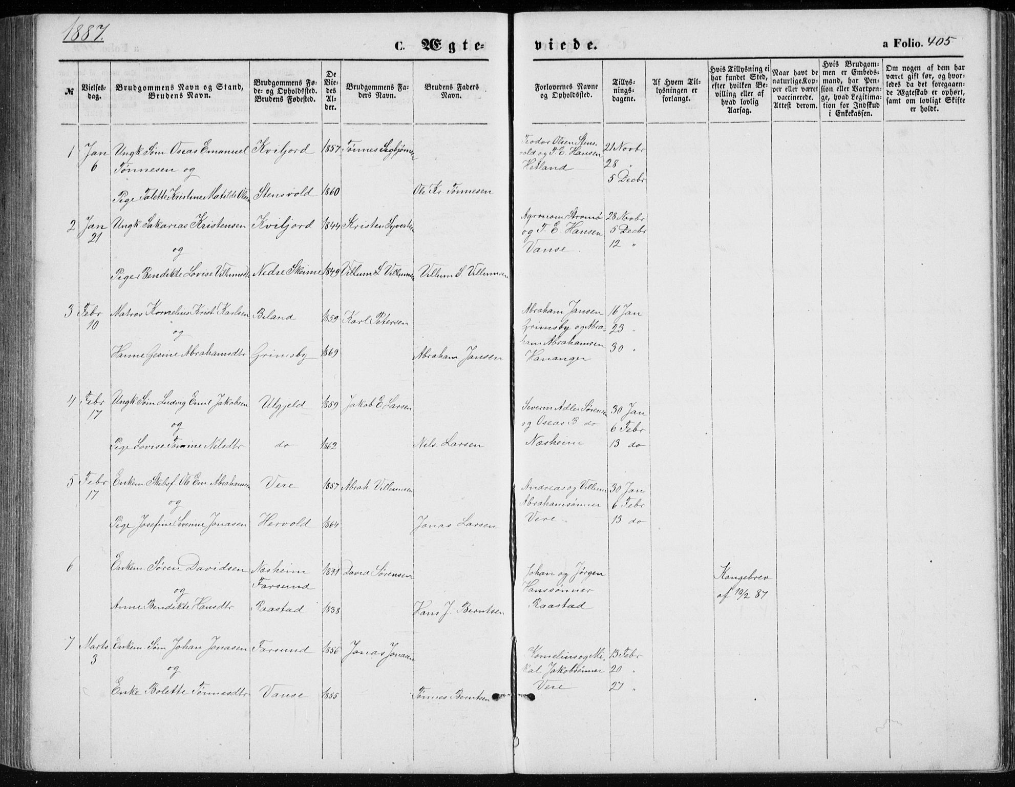 Lista sokneprestkontor, AV/SAK-1111-0027/F/Fb/L0004: Parish register (copy) no. B 4, 1877-1891, p. 405