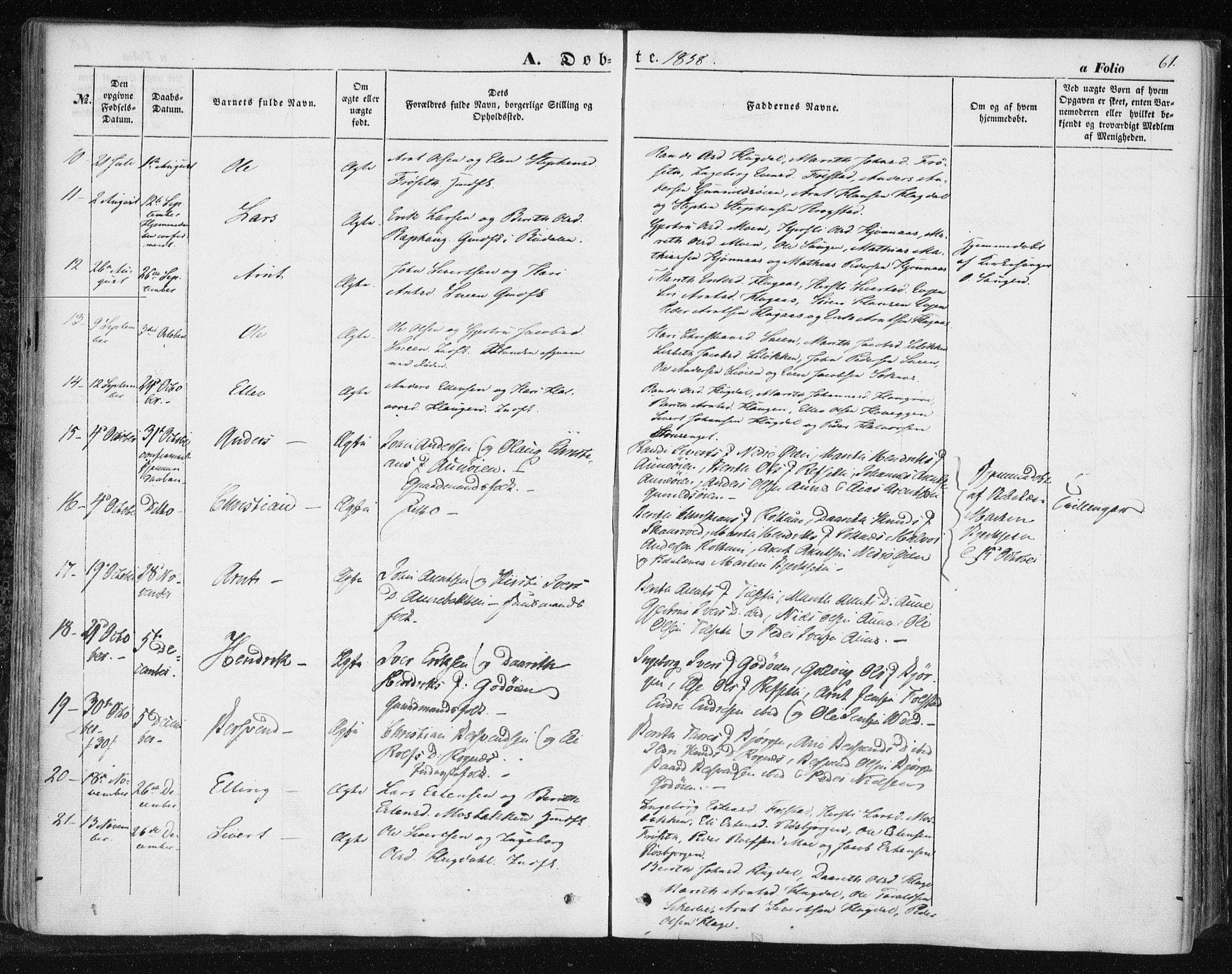 Ministerialprotokoller, klokkerbøker og fødselsregistre - Sør-Trøndelag, SAT/A-1456/687/L1000: Parish register (official) no. 687A06, 1848-1869, p. 61