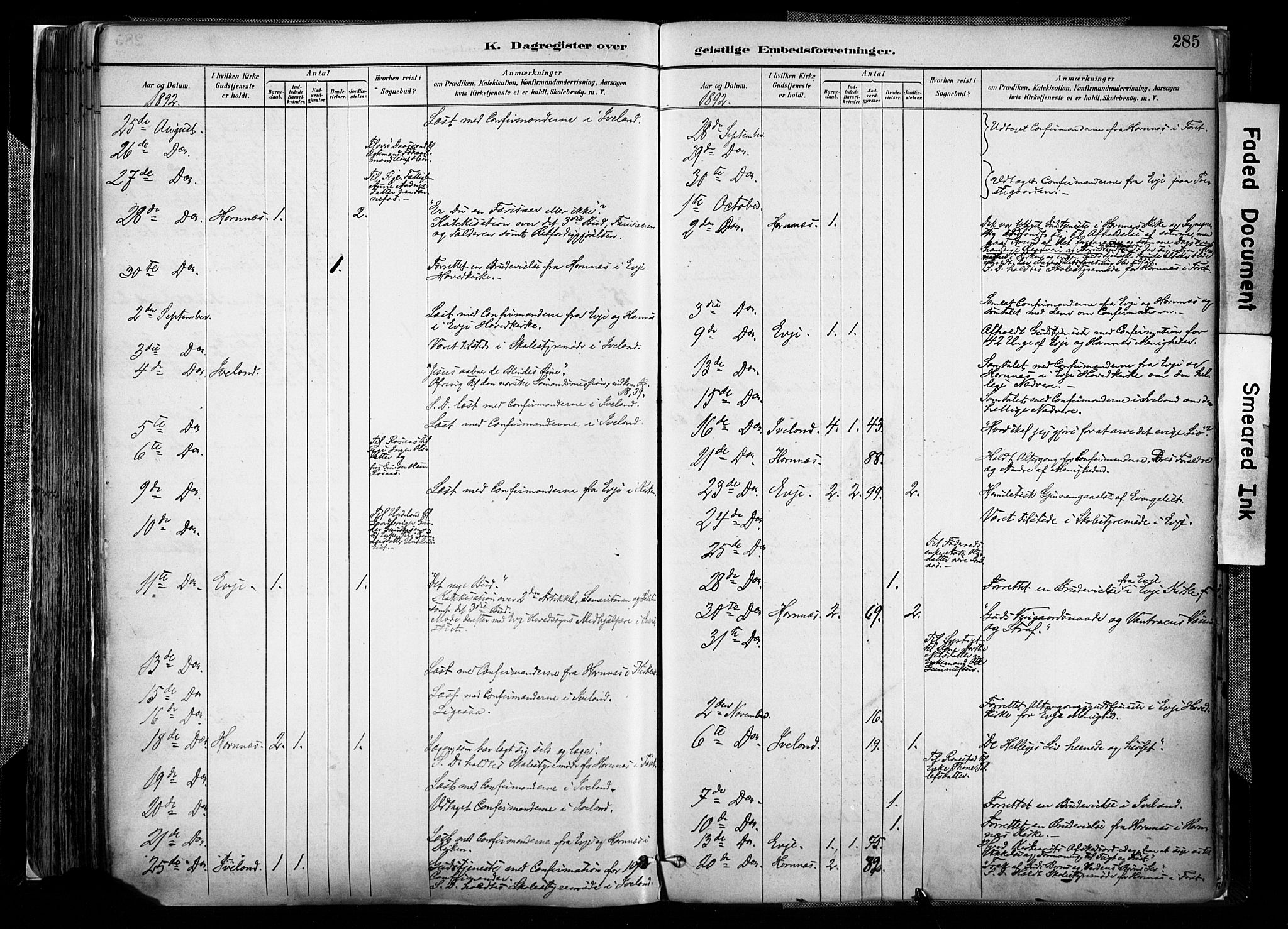 Evje sokneprestkontor, AV/SAK-1111-0008/F/Fa/Faa/L0007: Parish register (official) no. A 7, 1884-1909, p. 285