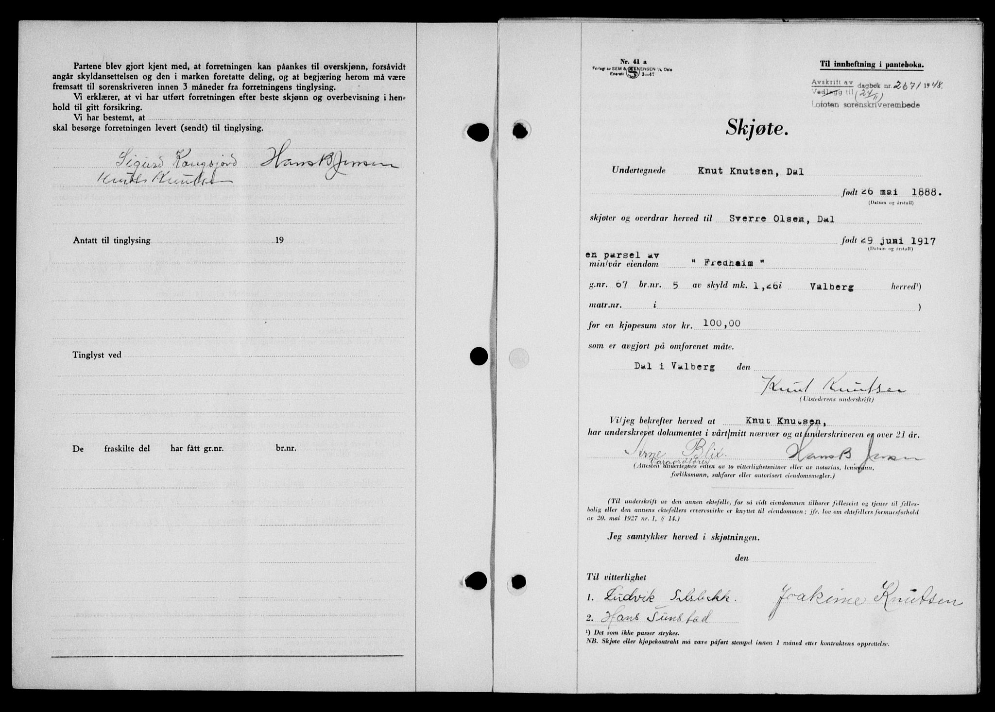Lofoten sorenskriveri, SAT/A-0017/1/2/2C/L0019a: Mortgage book no. 19a, 1948-1948, Diary no: : 2671/1948