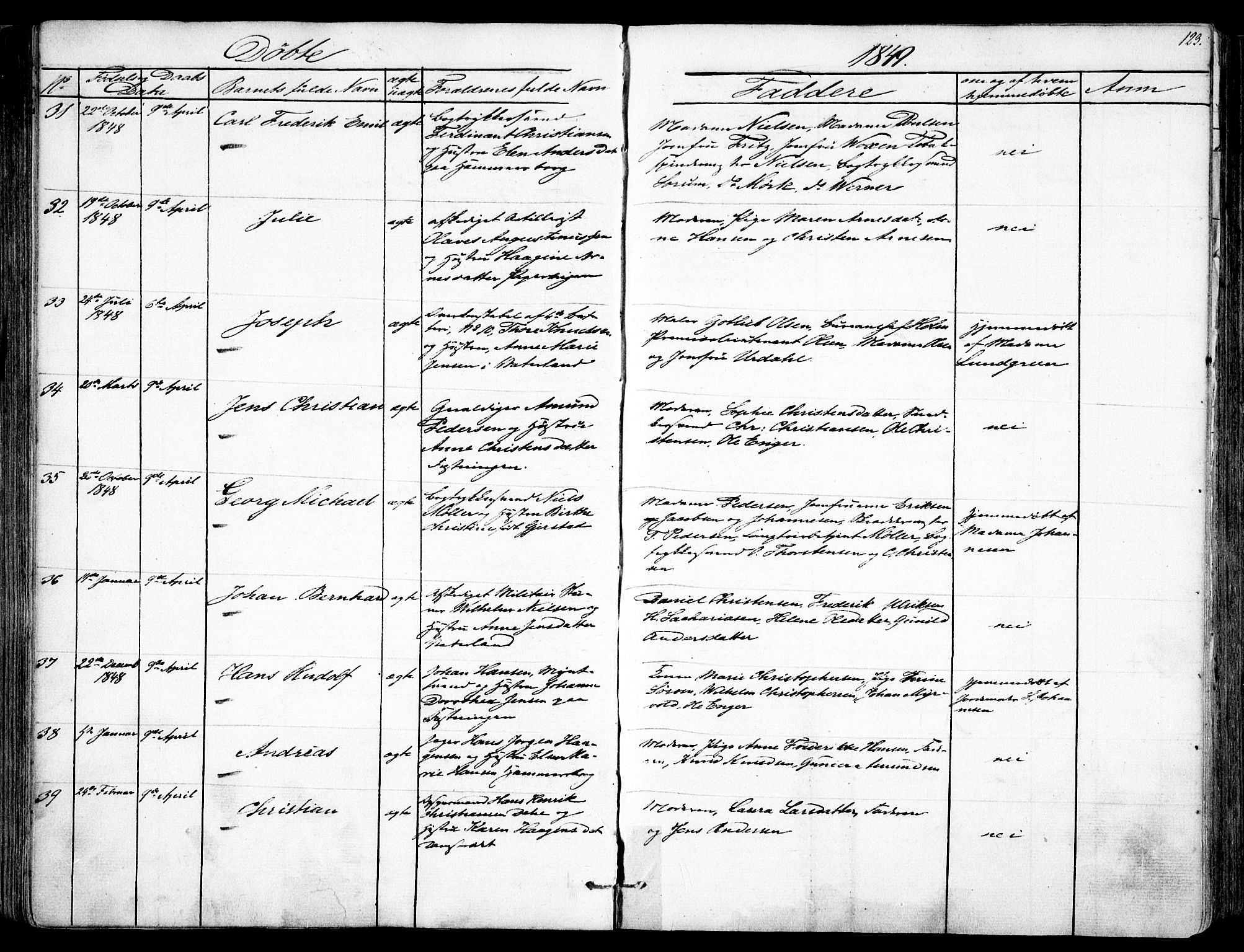 Garnisonsmenigheten Kirkebøker, AV/SAO-A-10846/F/Fa/L0008: Parish register (official) no. 8, 1842-1859, p. 123