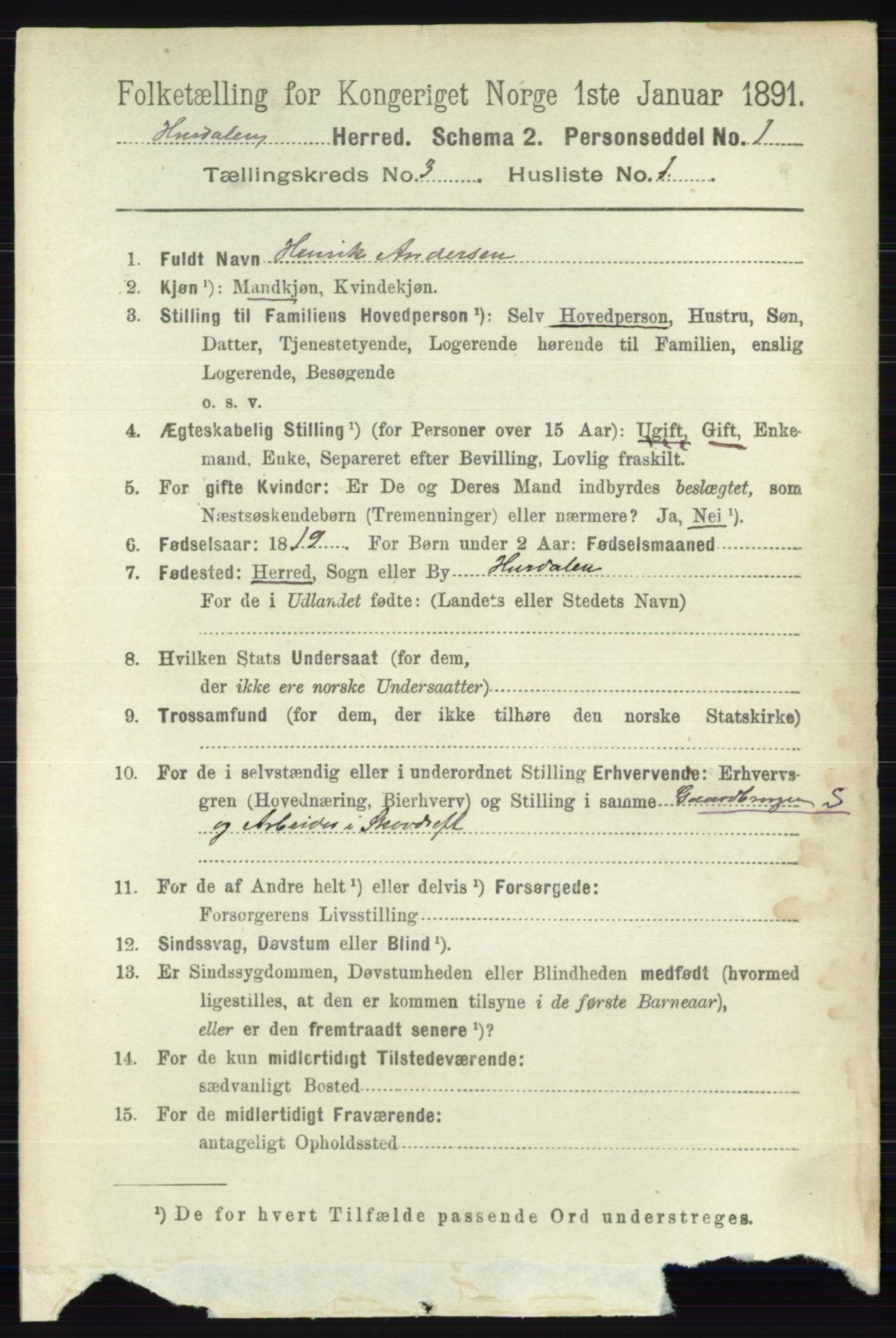 RA, 1891 census for 0239 Hurdal, 1891, p. 1029