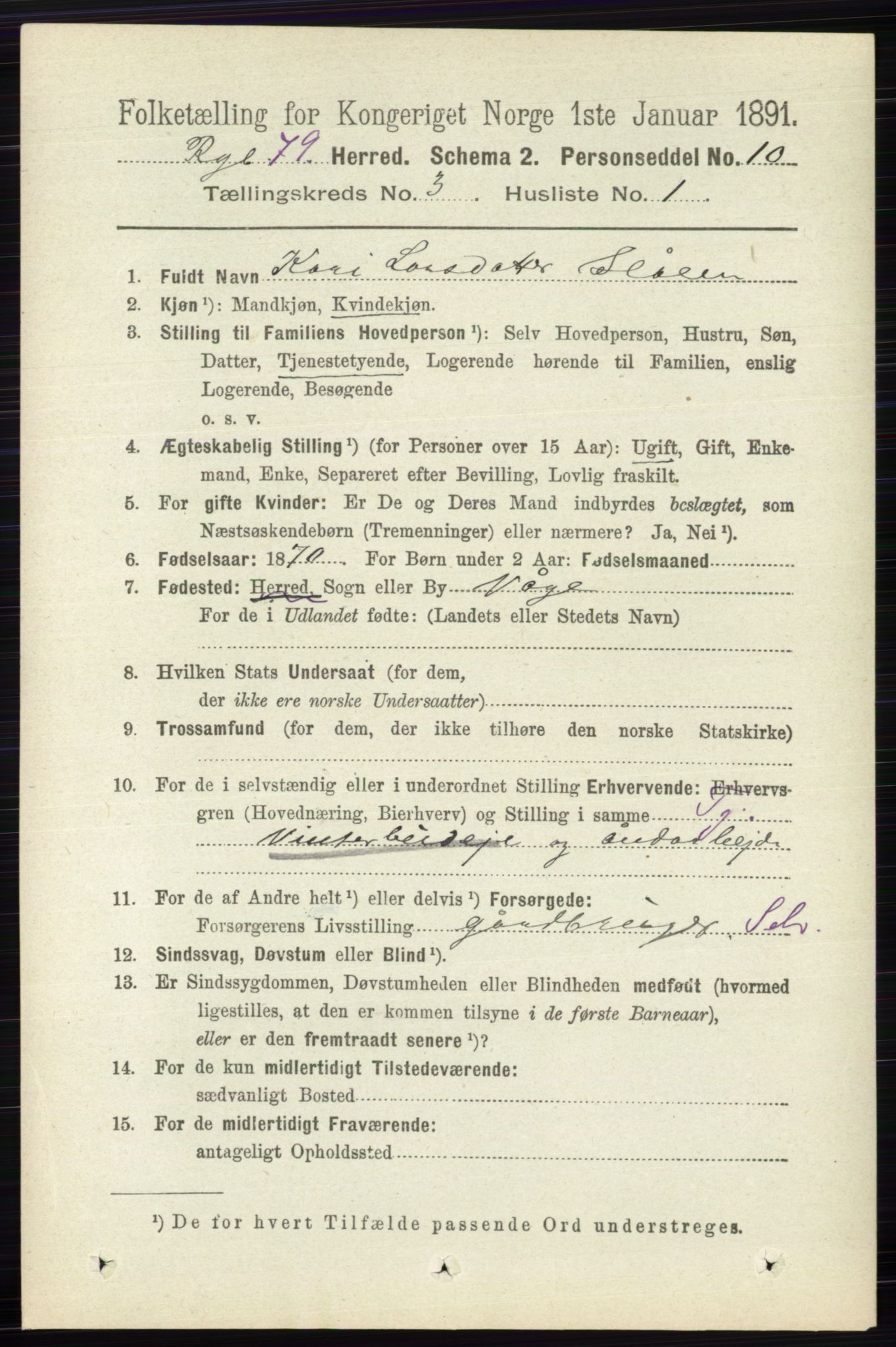 RA, 1891 census for 0520 Ringebu, 1891, p. 730