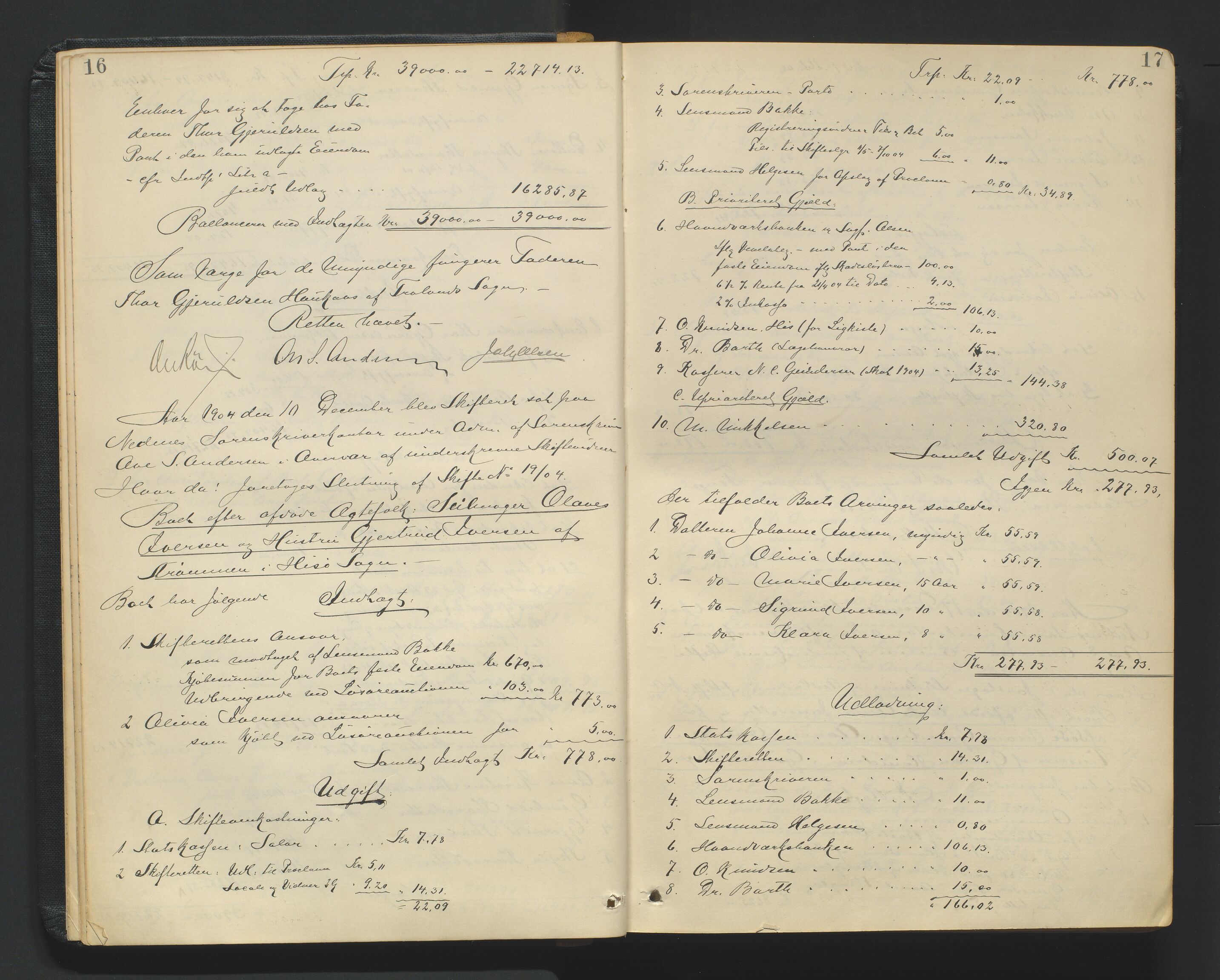 Nedenes sorenskriveri, AV/SAK-1221-0006/H/Hc/L0020: Skifteutlodningsprotokoll nr 6 med register, 1904-1913, p. 16-17