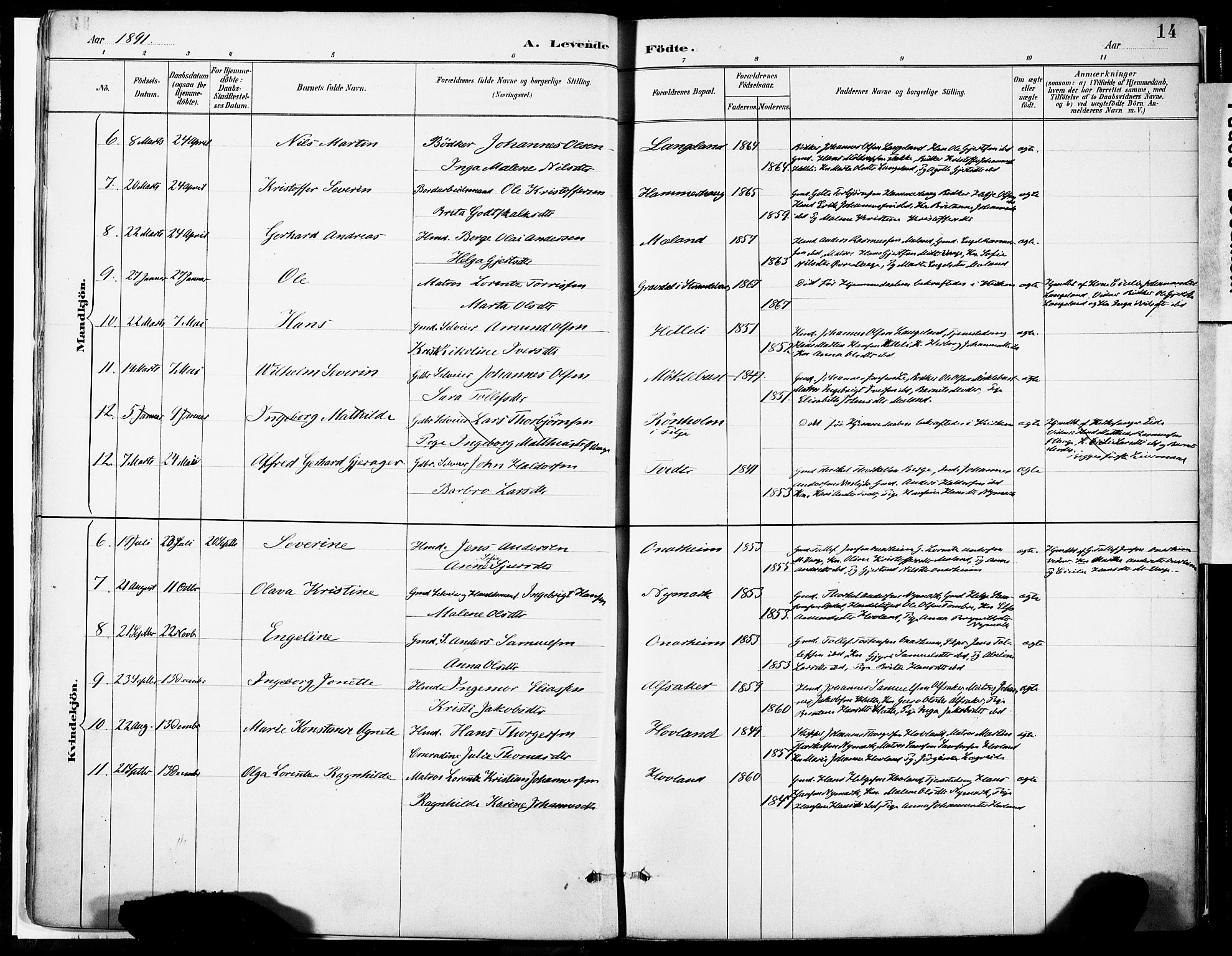 Tysnes sokneprestembete, SAB/A-78601/H/Haa: Parish register (official) no. C 1, 1887-1912, p. 14