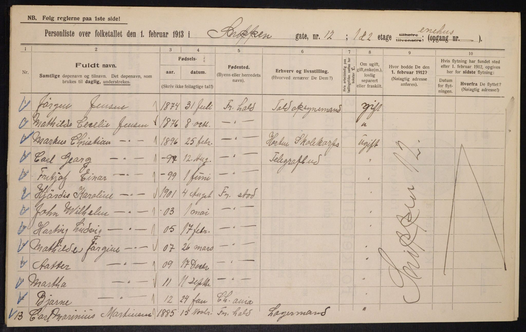 OBA, Municipal Census 1913 for Kristiania, 1913, p. 98106