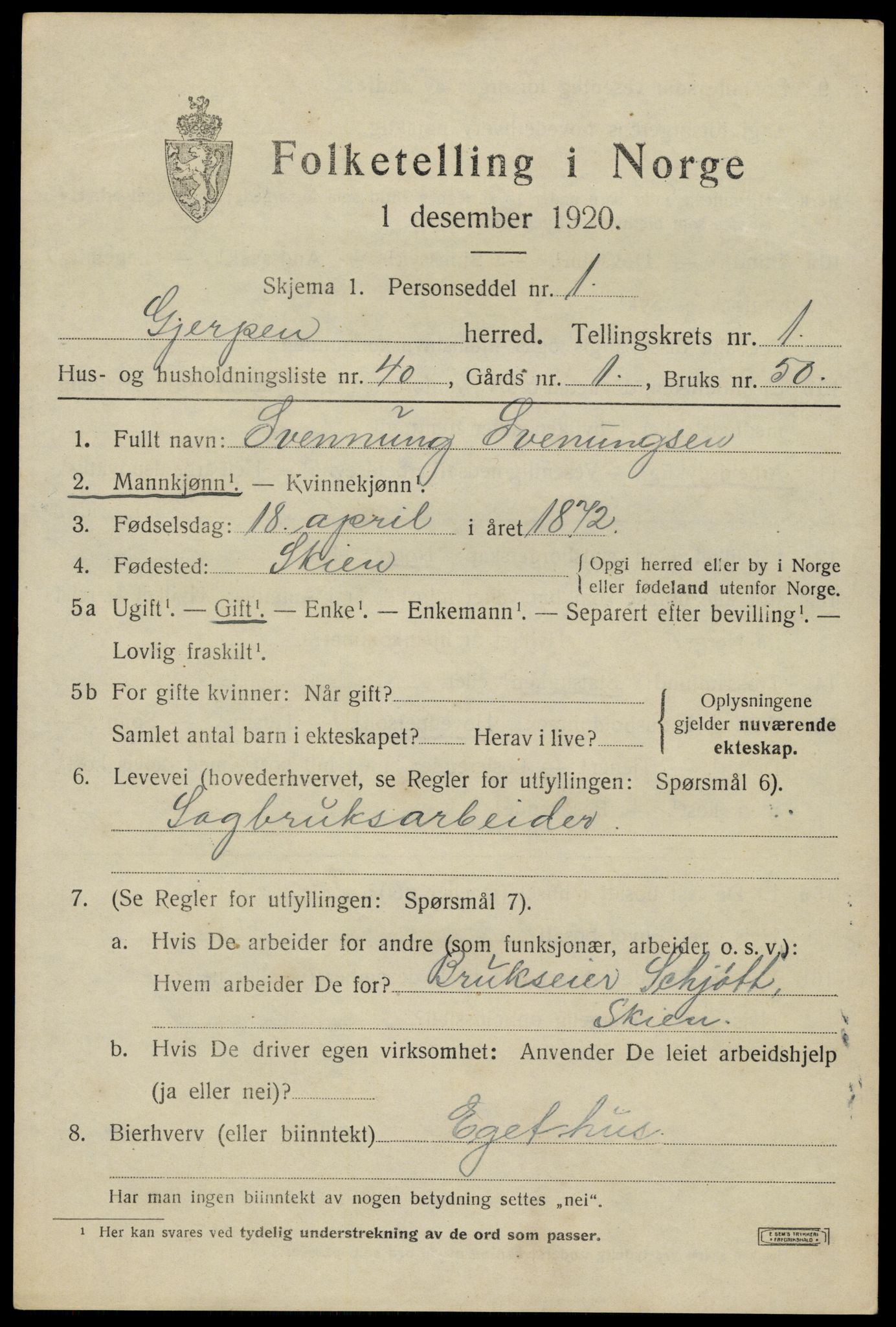 SAKO, 1920 census for Gjerpen, 1920, p. 3104
