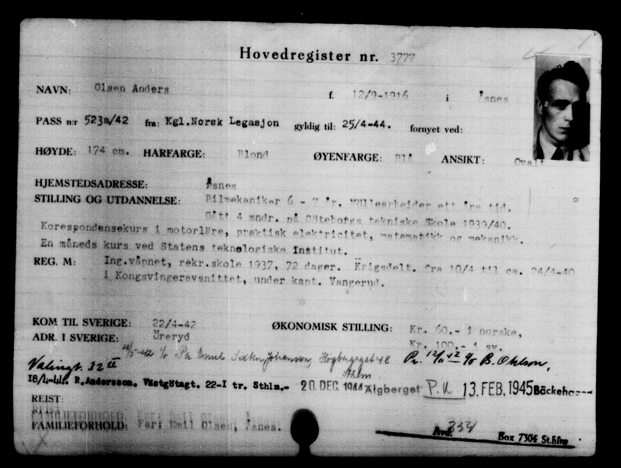 Utenriksstasjonene, Legasjonen i Stockholm, Flyktningkontoret, AV/RA-S-6753/V/Va/L0004: Kjesäterkartoteket, flyktninger med registreringsnr. 3496-6610, 1940-1945, p. 324