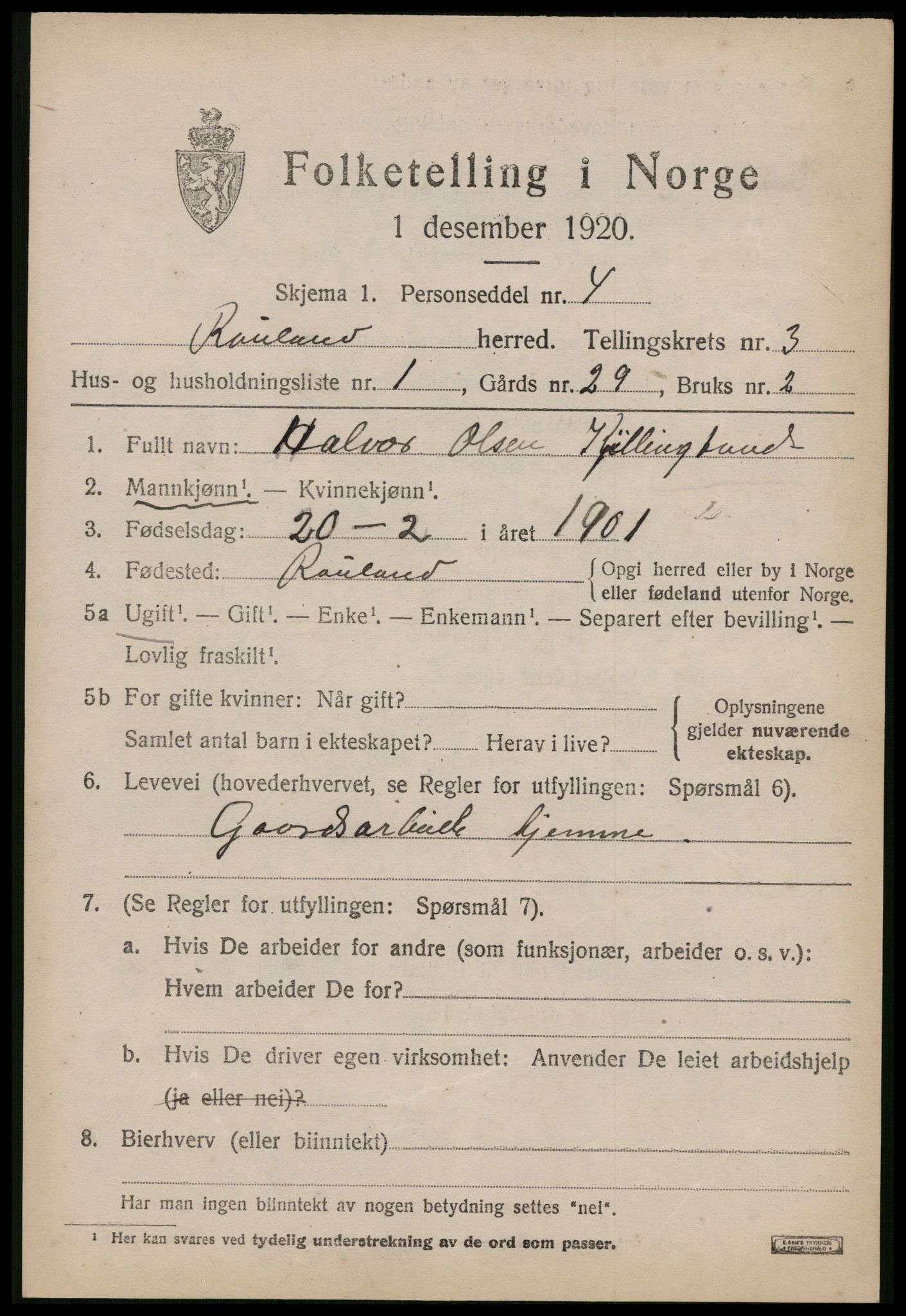 SAKO, 1920 census for Rauland, 1920, p. 712