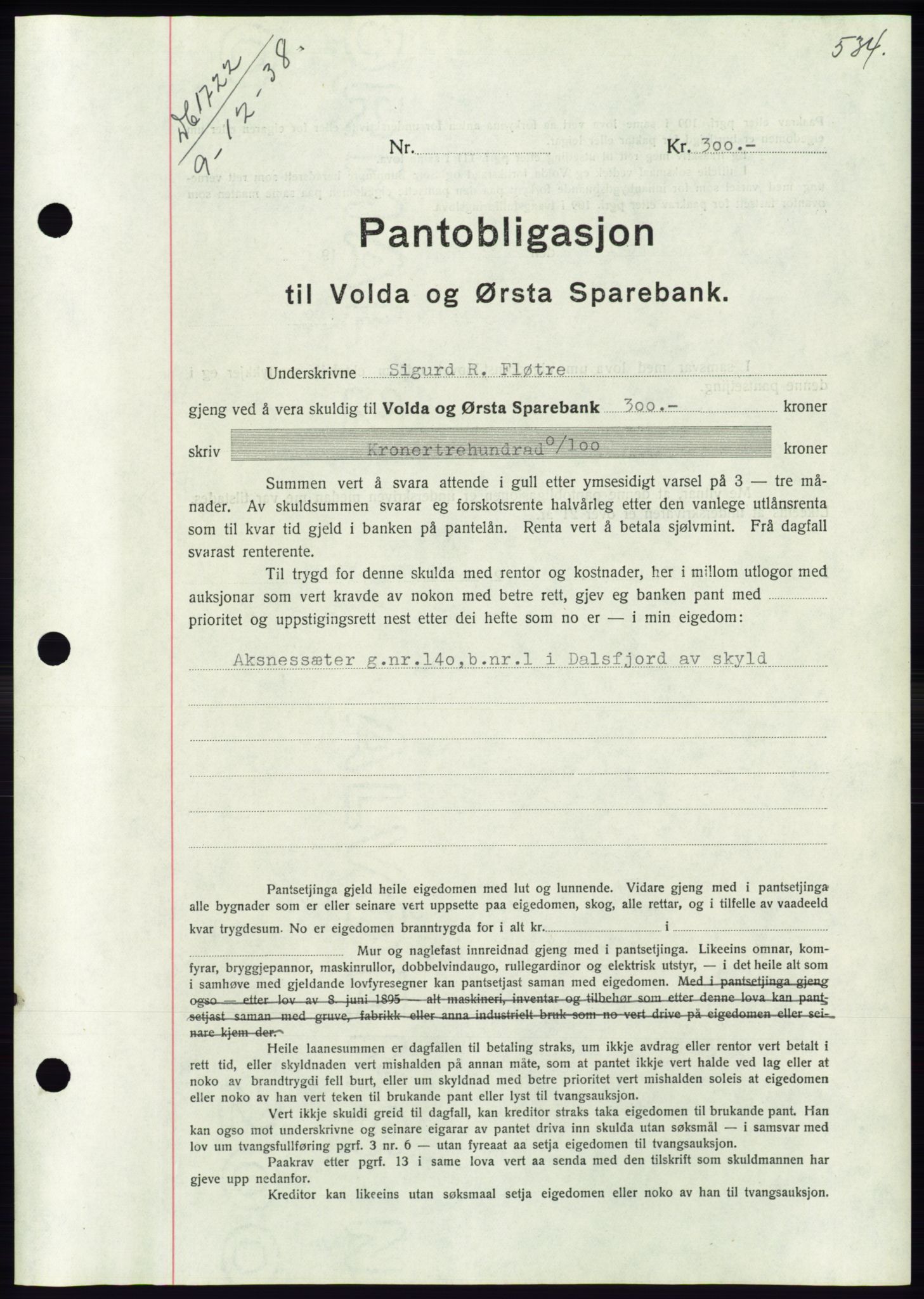 Søre Sunnmøre sorenskriveri, AV/SAT-A-4122/1/2/2C/L0066: Mortgage book no. 60, 1938-1938, Diary no: : 1722/1938