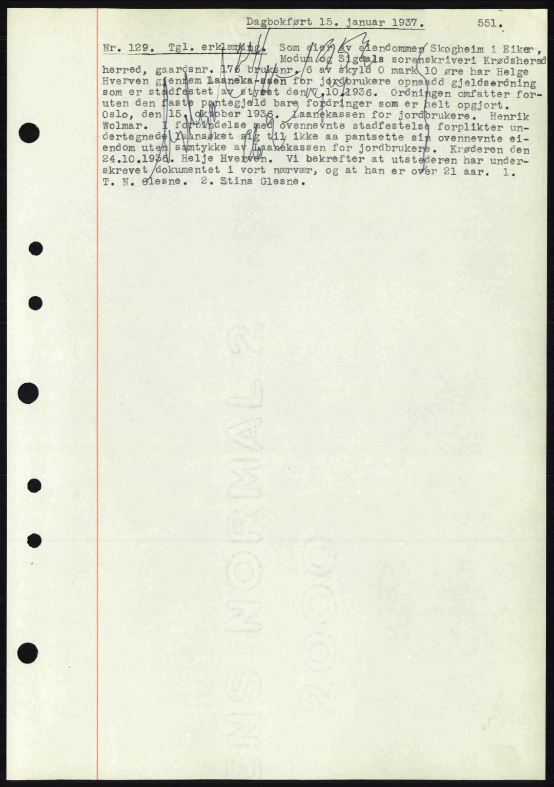 Eiker, Modum og Sigdal sorenskriveri, SAKO/A-123/G/Ga/Gab/L0034: Mortgage book no. A4, 1936-1937, Diary no: : 129/1937