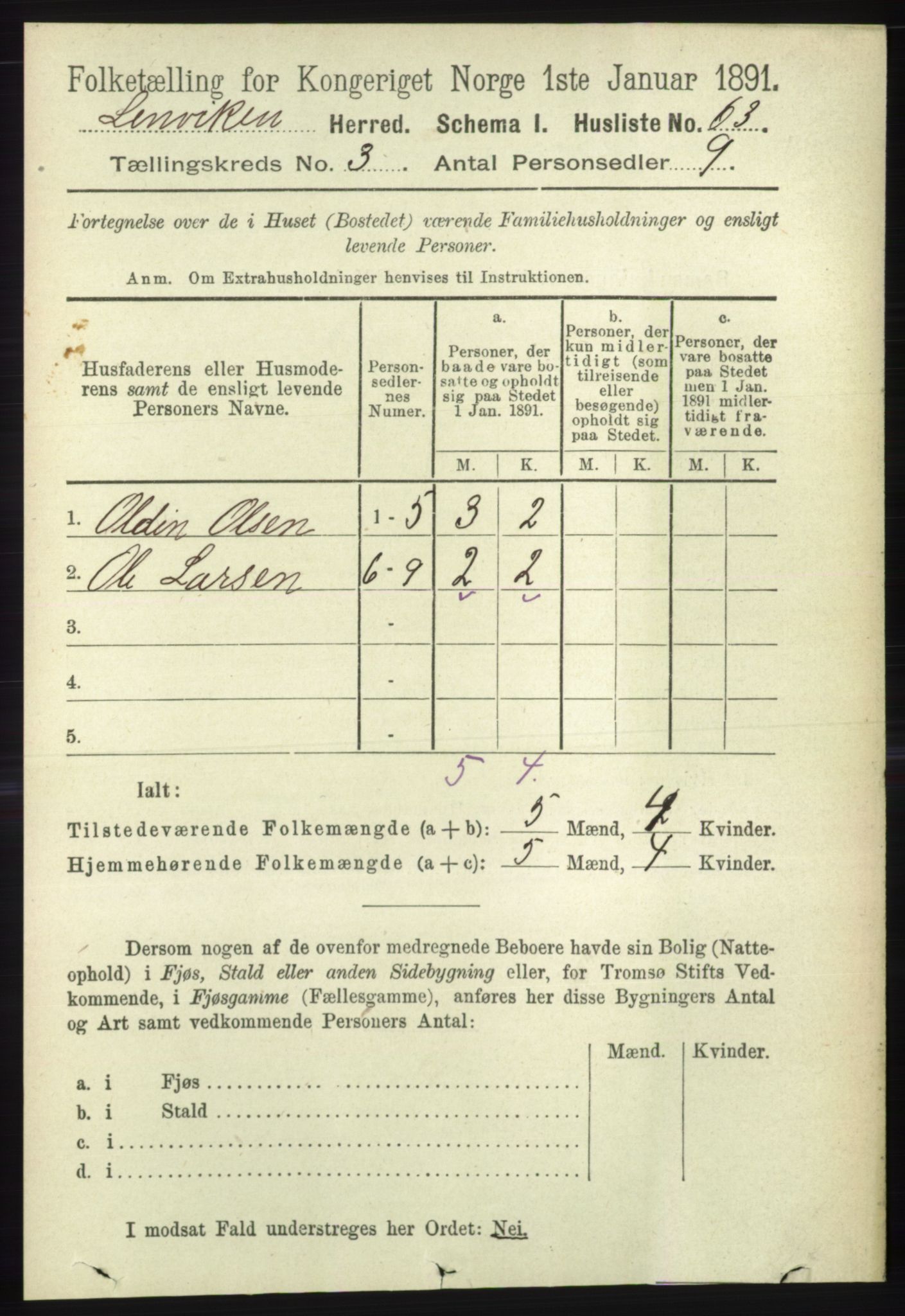 RA, 1891 census for 1931 Lenvik, 1891, p. 1343