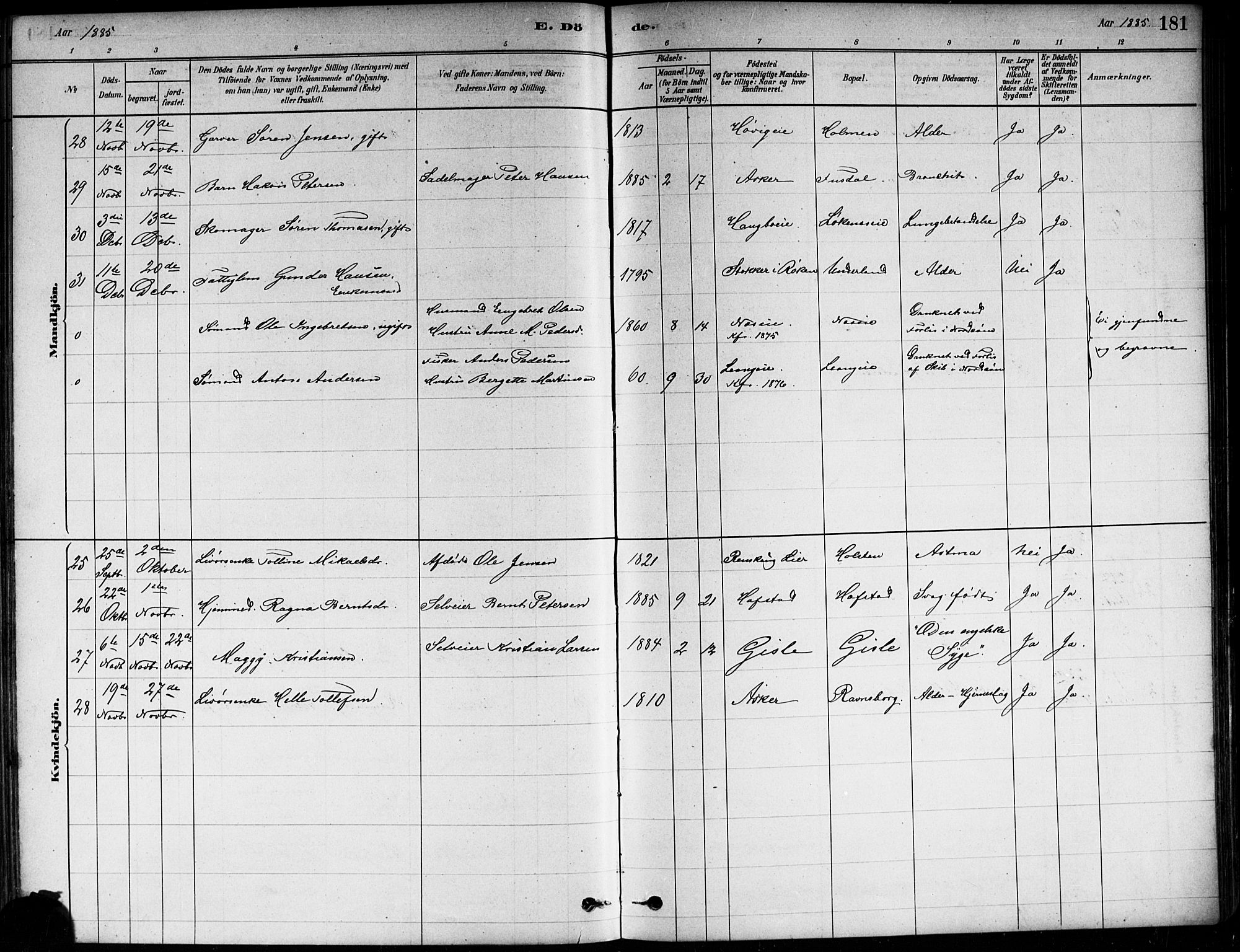 Asker prestekontor Kirkebøker, SAO/A-10256a/F/Fa/L0013: Parish register (official) no. I 13, 1879-1896, p. 181