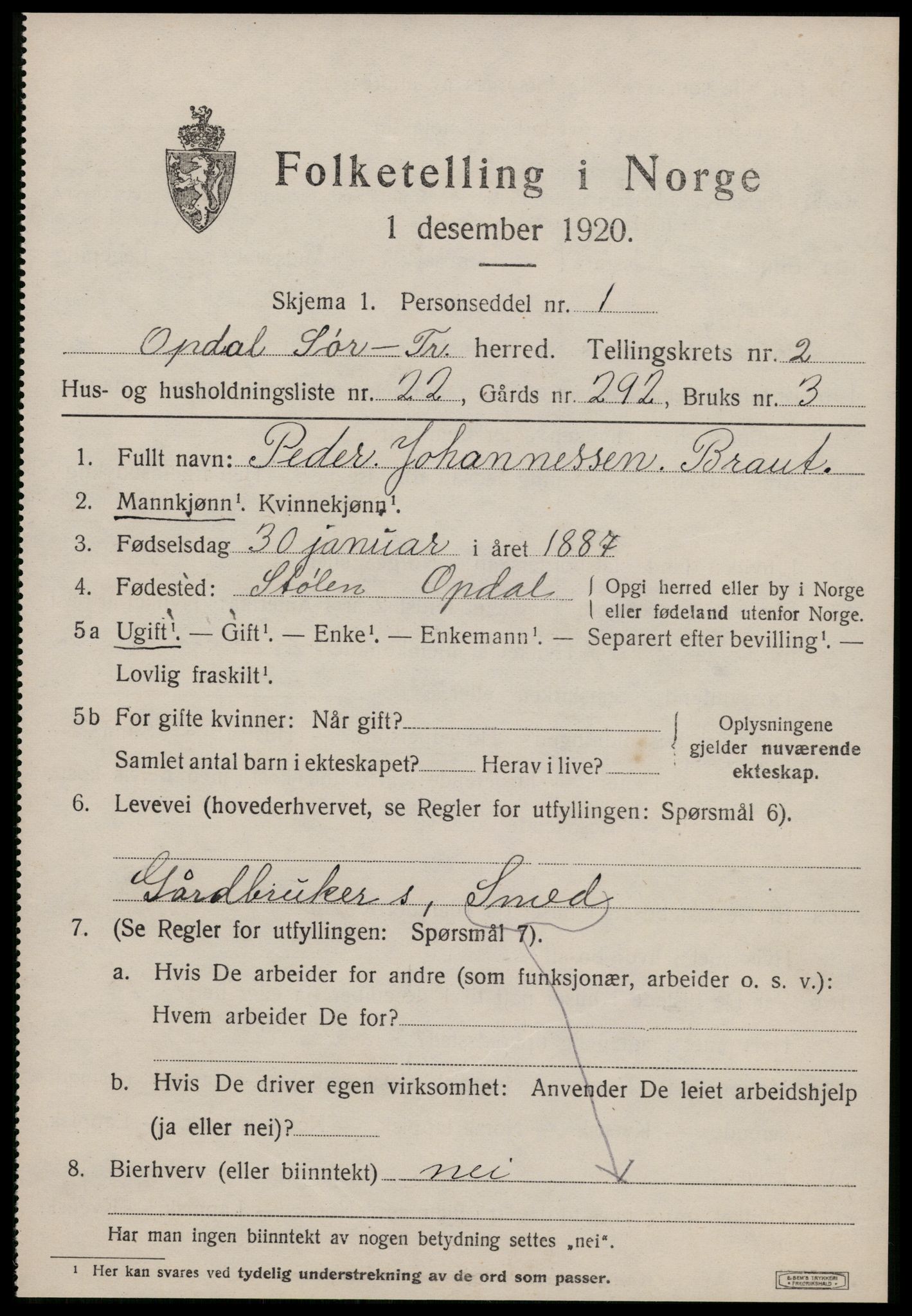 SAT, 1920 census for Oppdal, 1920, p. 2659