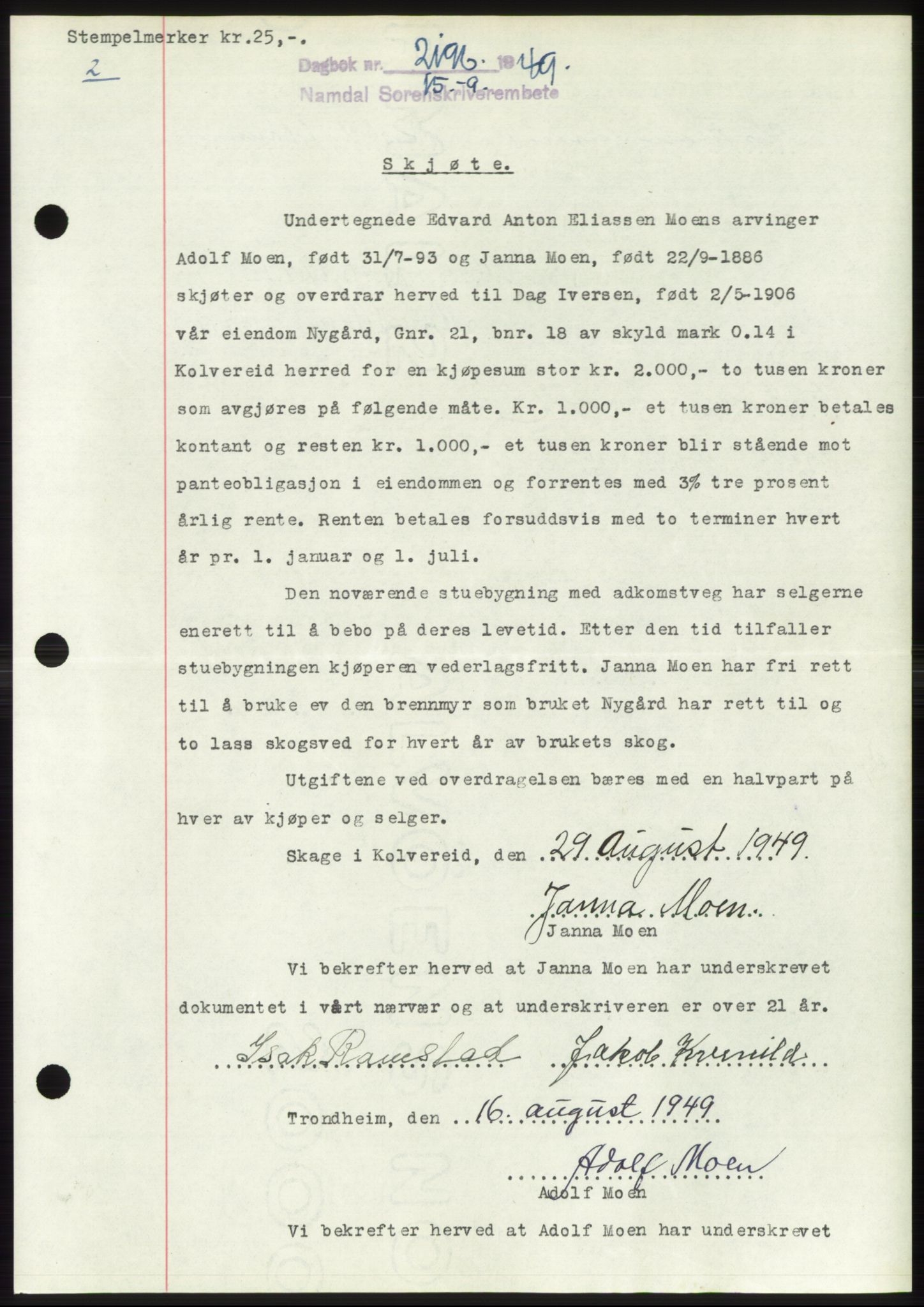Namdal sorenskriveri, AV/SAT-A-4133/1/2/2C: Mortgage book no. -, 1949-1949, Diary no: : 2196/1949
