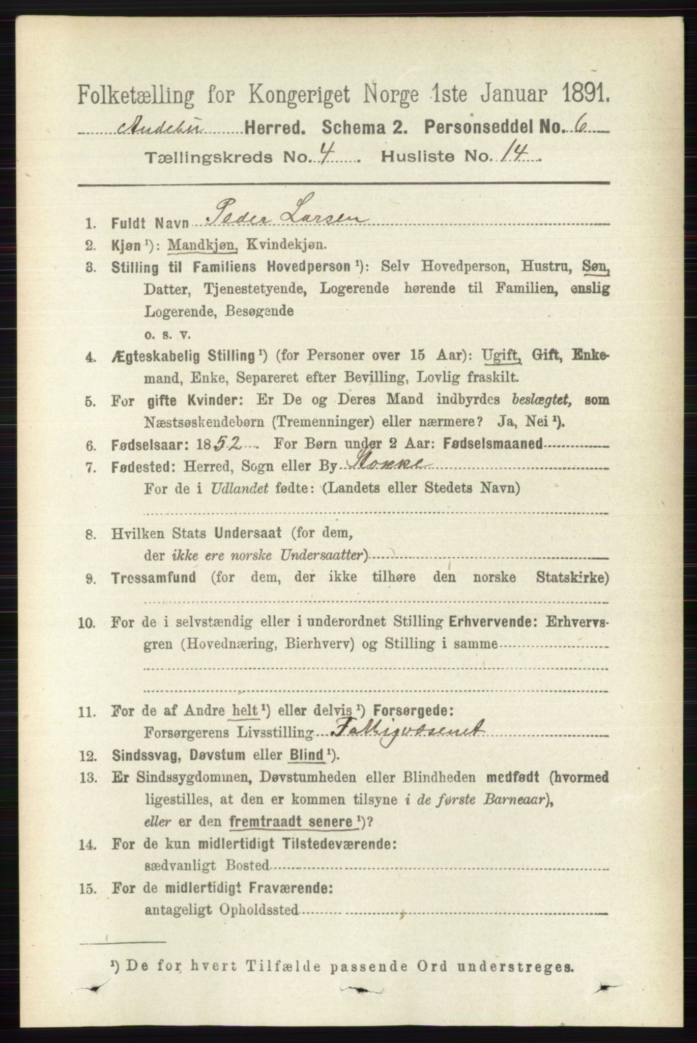 RA, 1891 census for 0719 Andebu, 1891, p. 2122