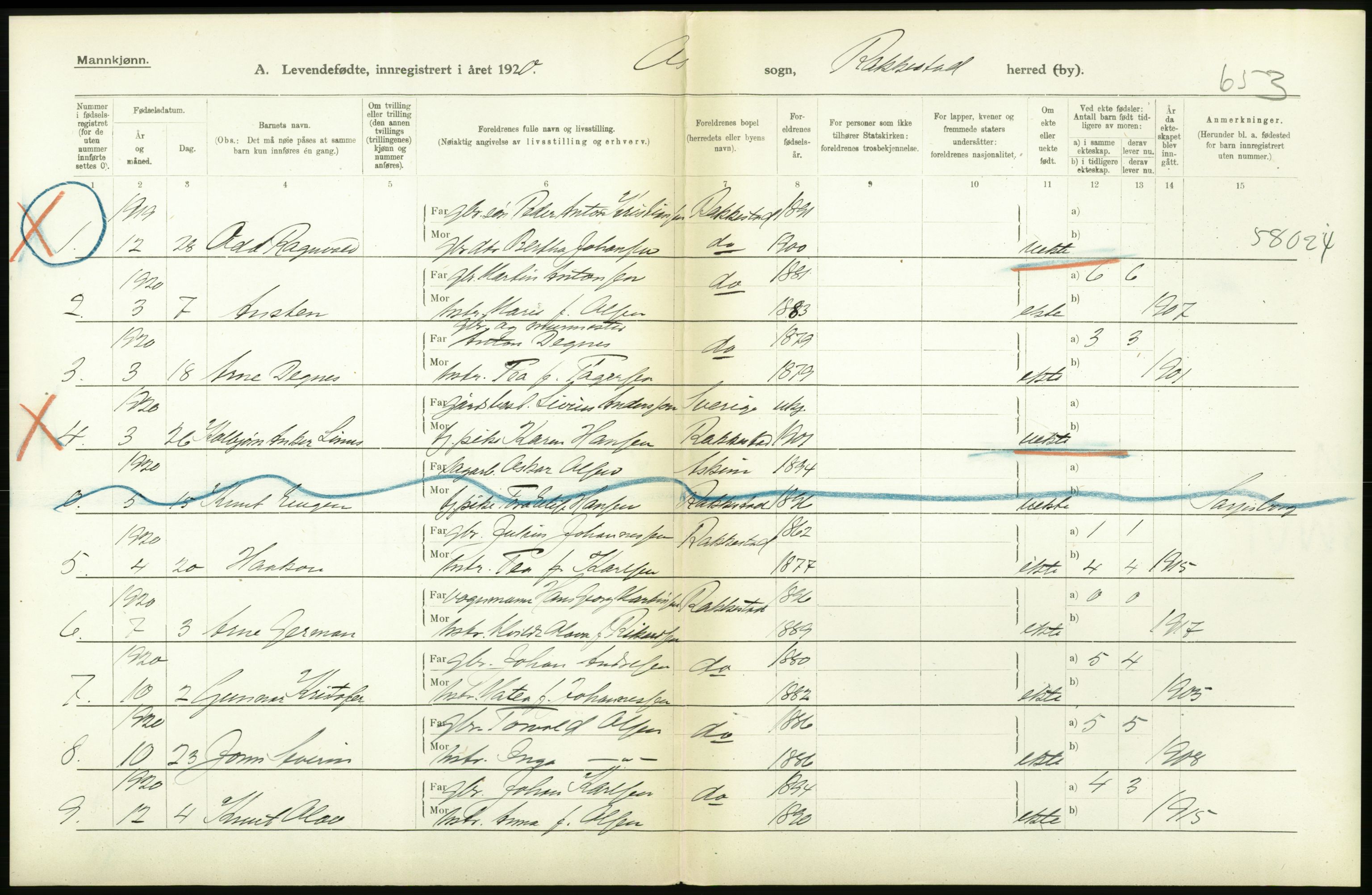 Statistisk sentralbyrå, Sosiodemografiske emner, Befolkning, AV/RA-S-2228/D/Df/Dfb/Dfbj/L0001: Østfold fylke: Levendefødte menn og kvinner. Bygder., 1920, p. 314