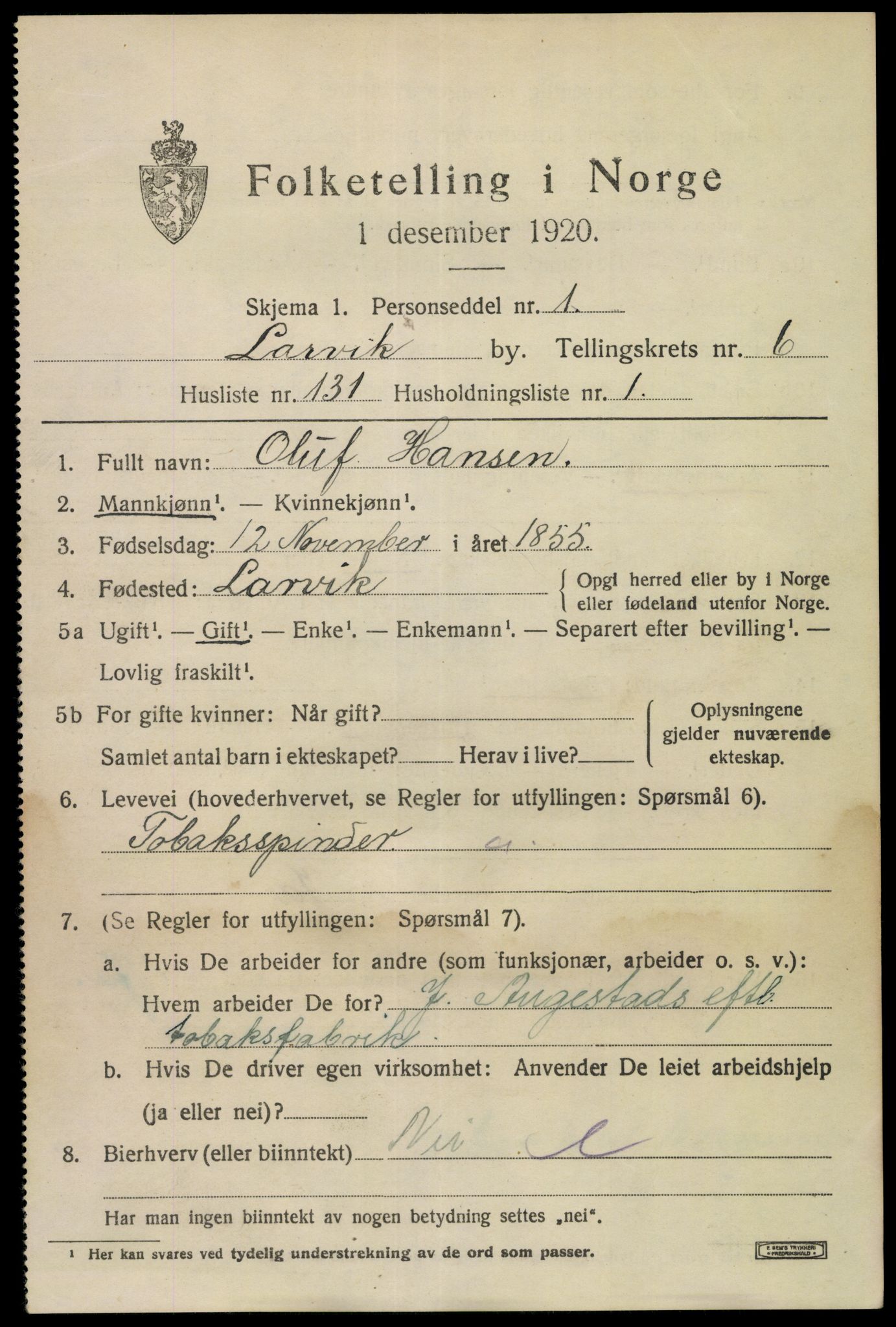 SAKO, 1920 census for Larvik, 1920, p. 20098