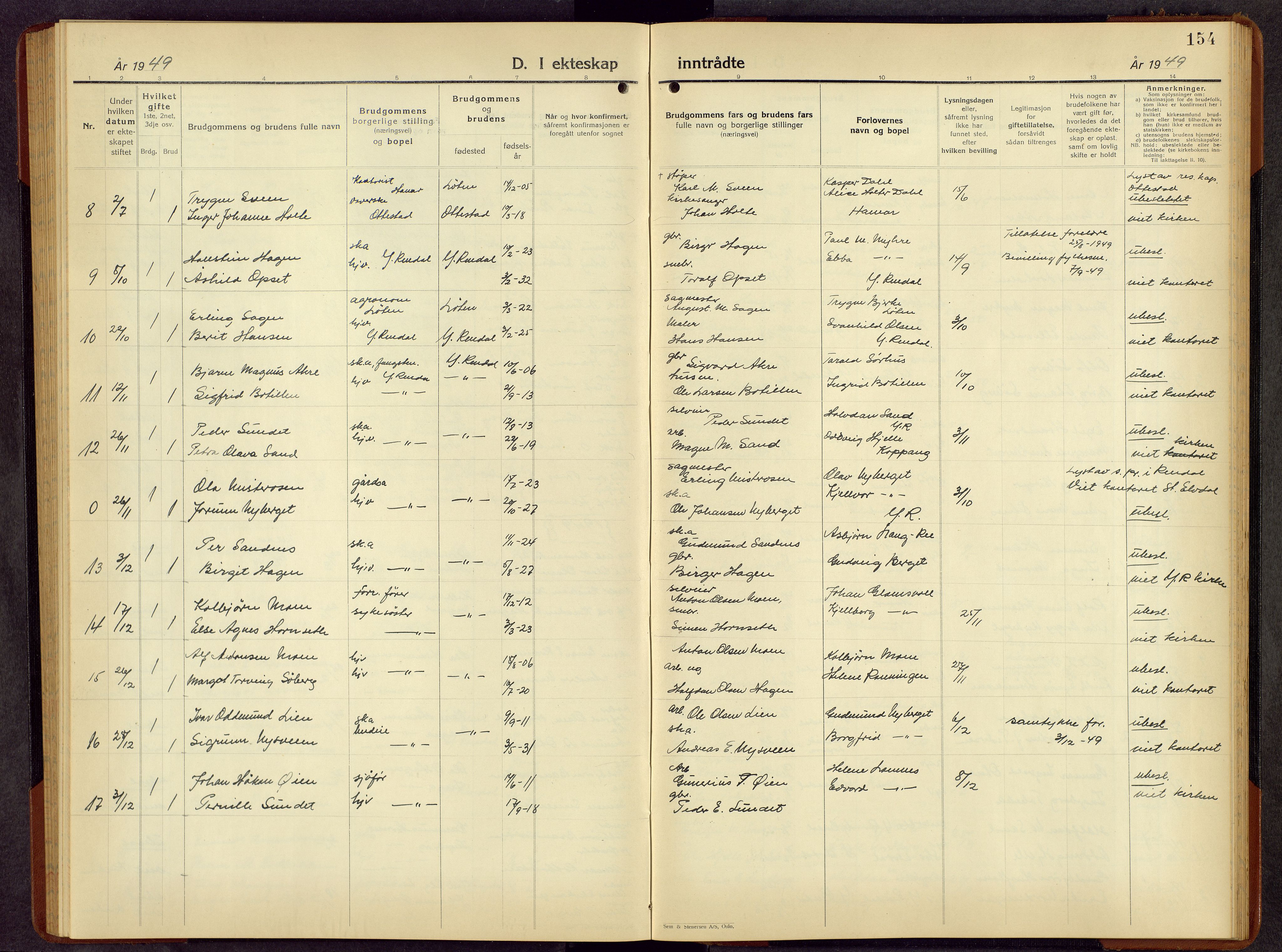 Rendalen prestekontor, AV/SAH-PREST-054/H/Ha/Hab/L0006: Parish register (copy) no. 6, 1941-1958, p. 154