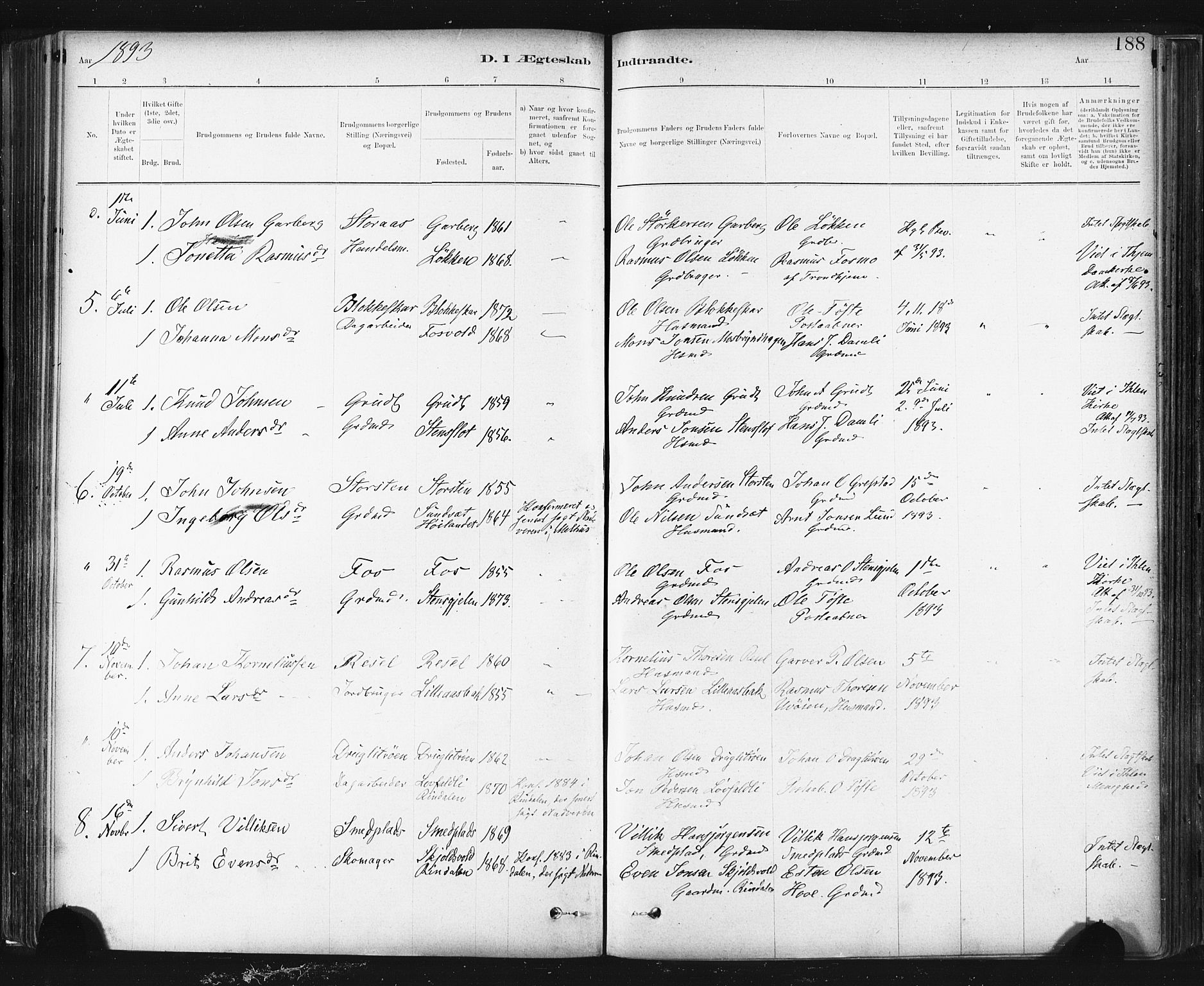 Ministerialprotokoller, klokkerbøker og fødselsregistre - Sør-Trøndelag, SAT/A-1456/672/L0857: Parish register (official) no. 672A09, 1882-1893, p. 188